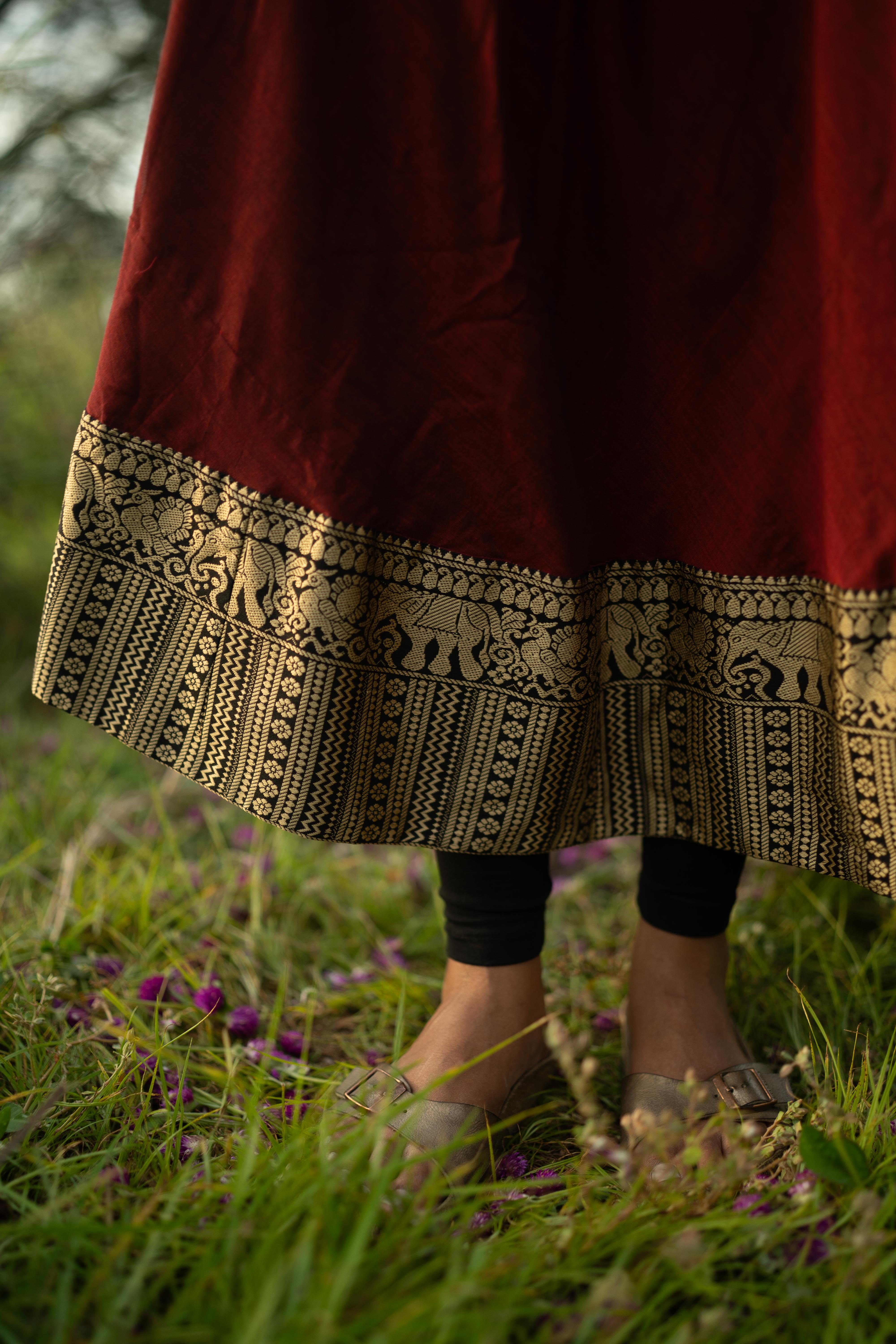 Red with Green Border malar narayanpet Top & Dupatta