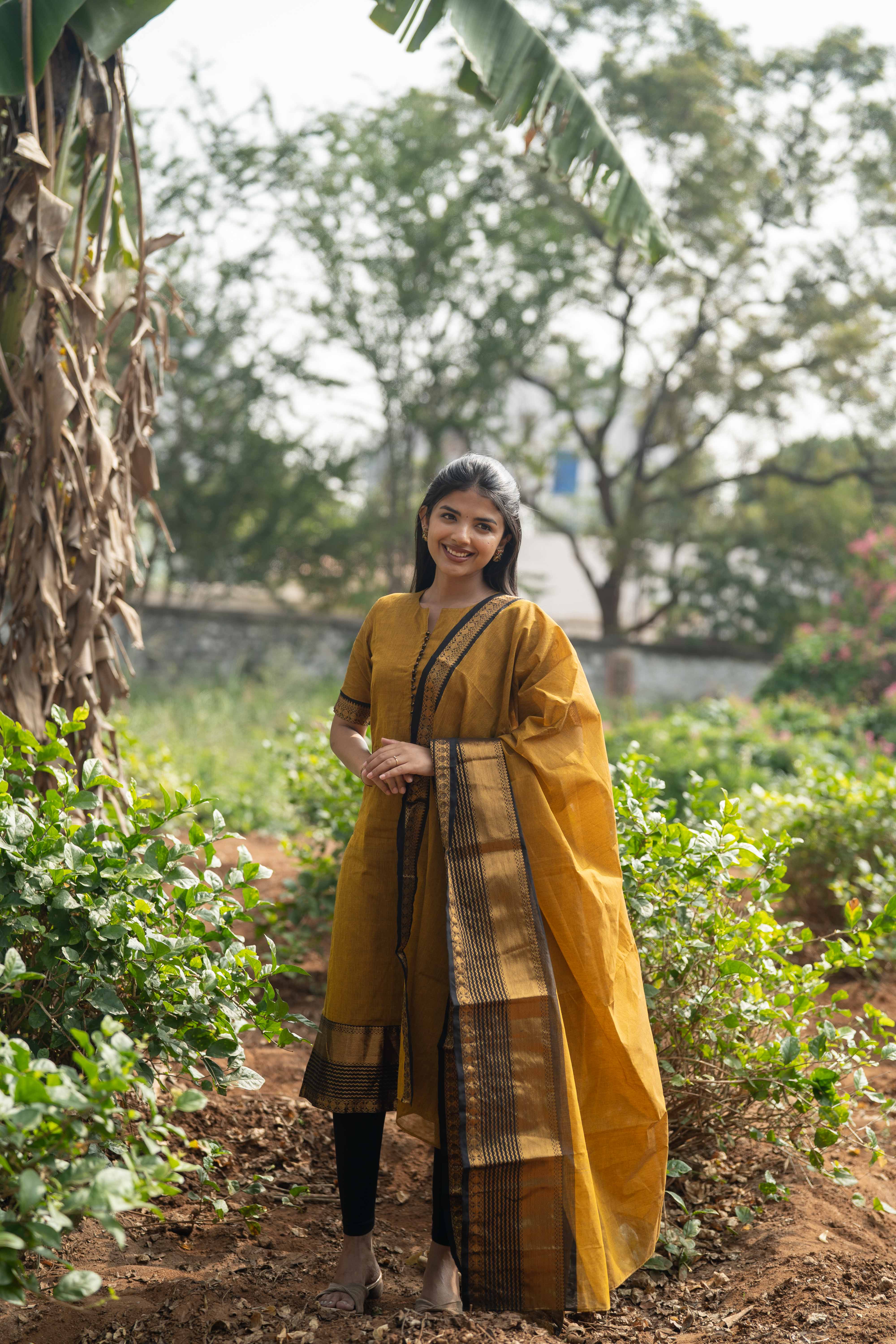 Mustard Kanchi Cotton Top & Dupatta Set