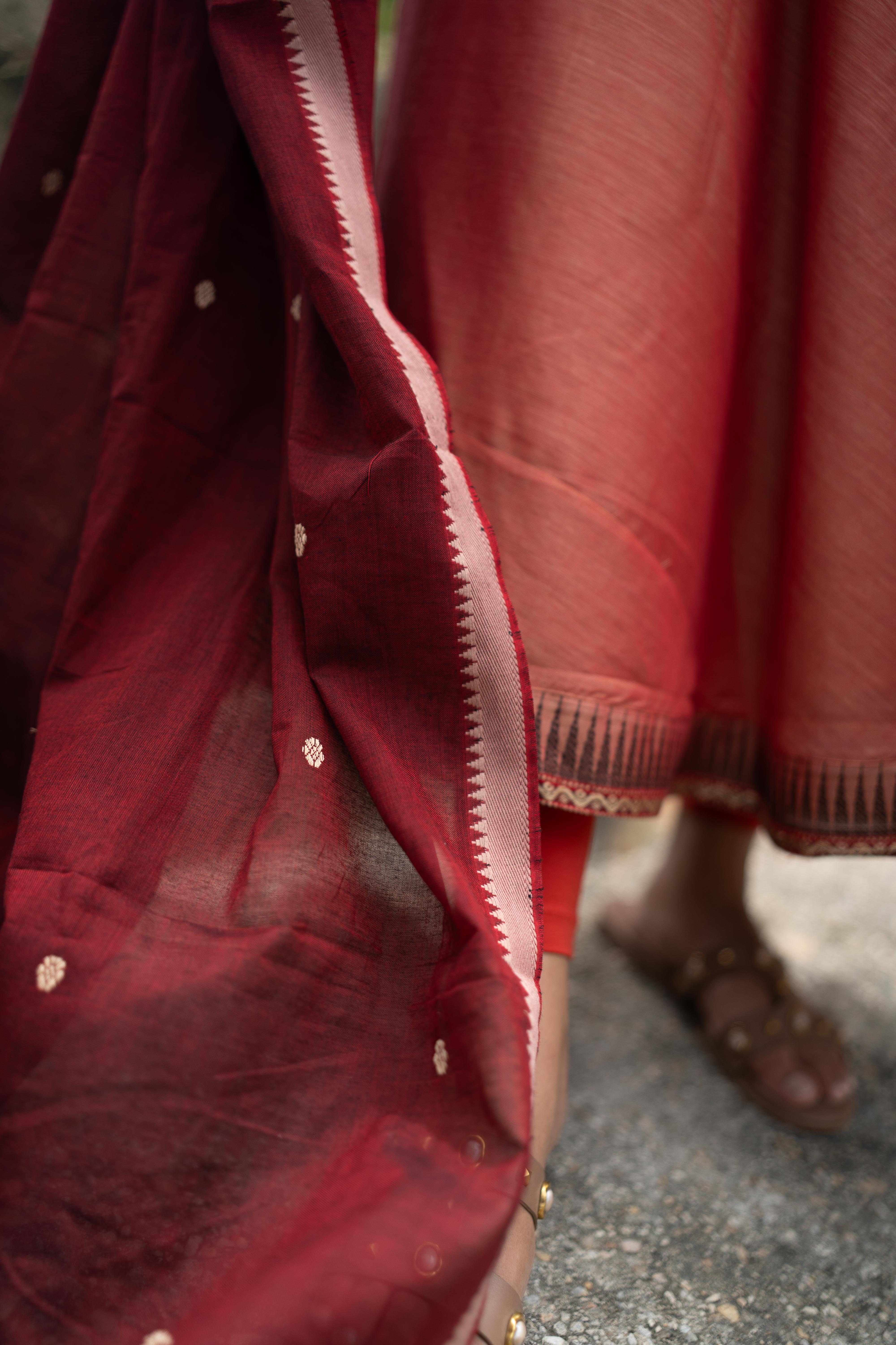 Coral with Maroon dupatta Anarkali set