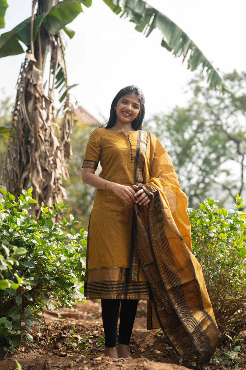 Mustard Kanchi Cotton Top & Dupatta Set