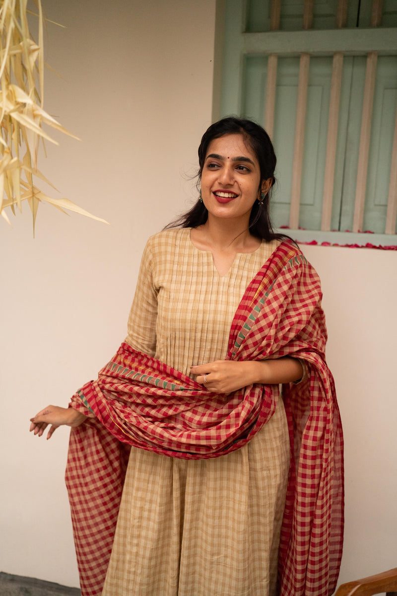 Beige Kattam Top with Red Dupatta