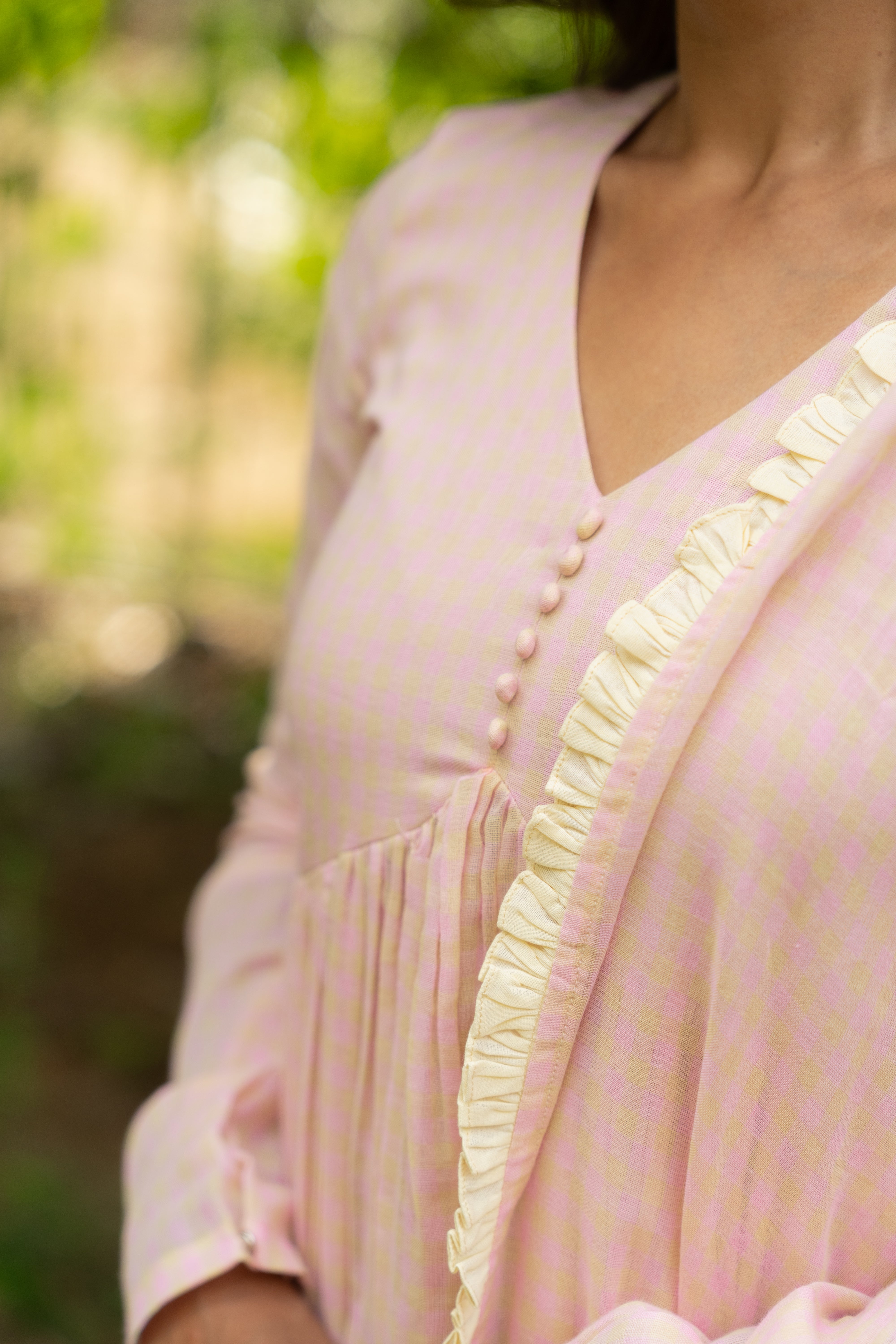 Powder pink checked Anarkali set