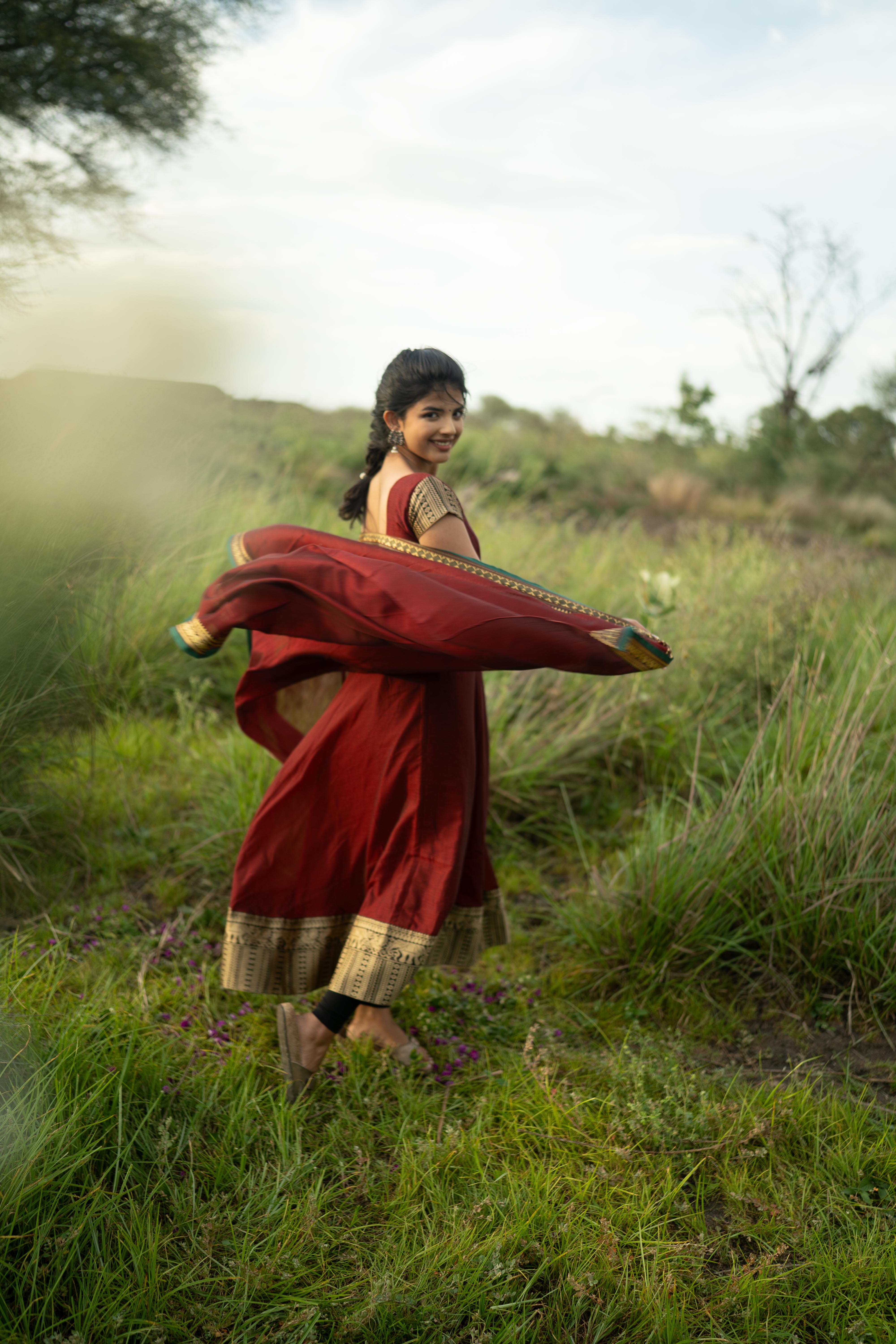 Red with Green Border malar narayanpet Top & Dupatta