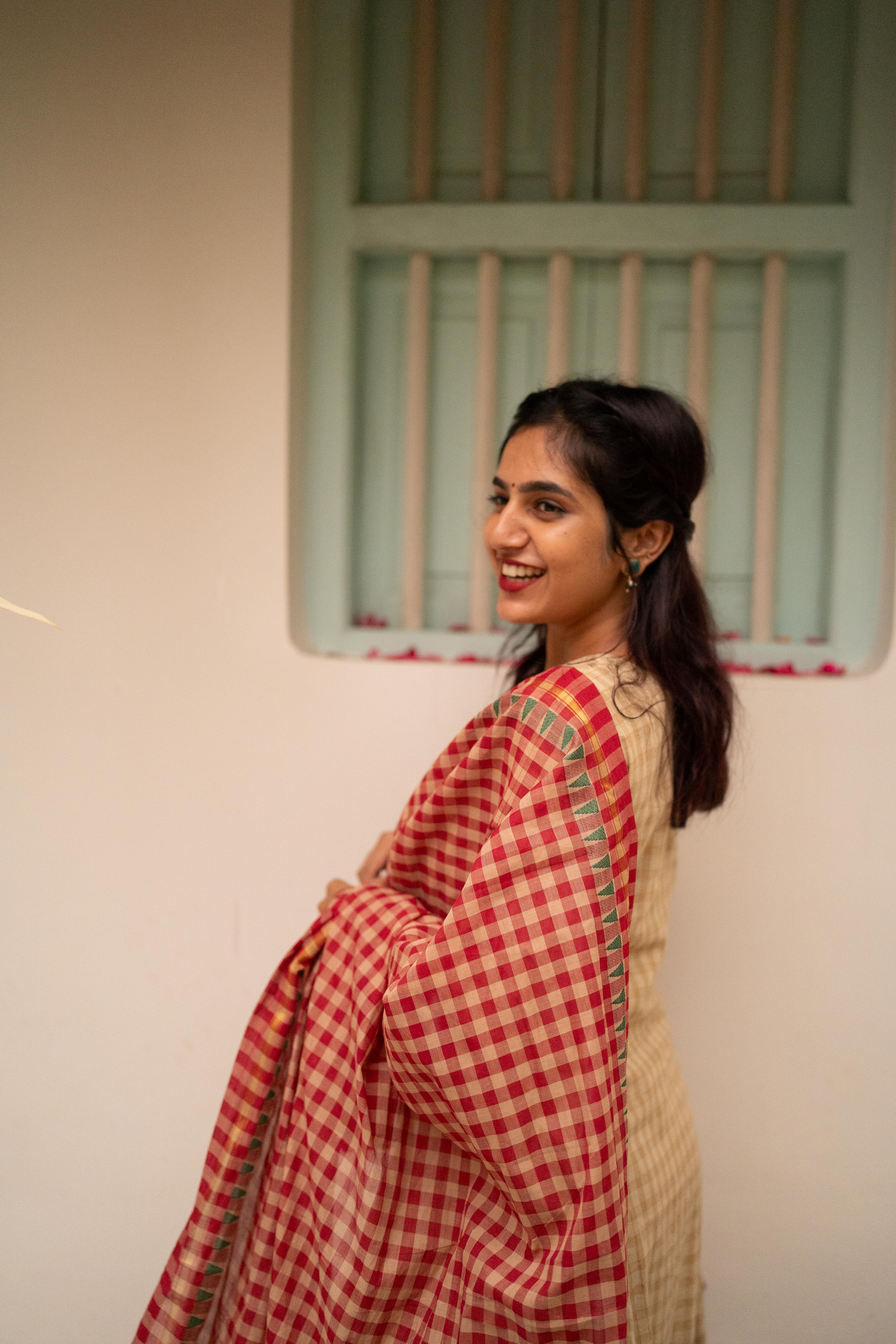 Beige Kattam Top with Red Dupatta