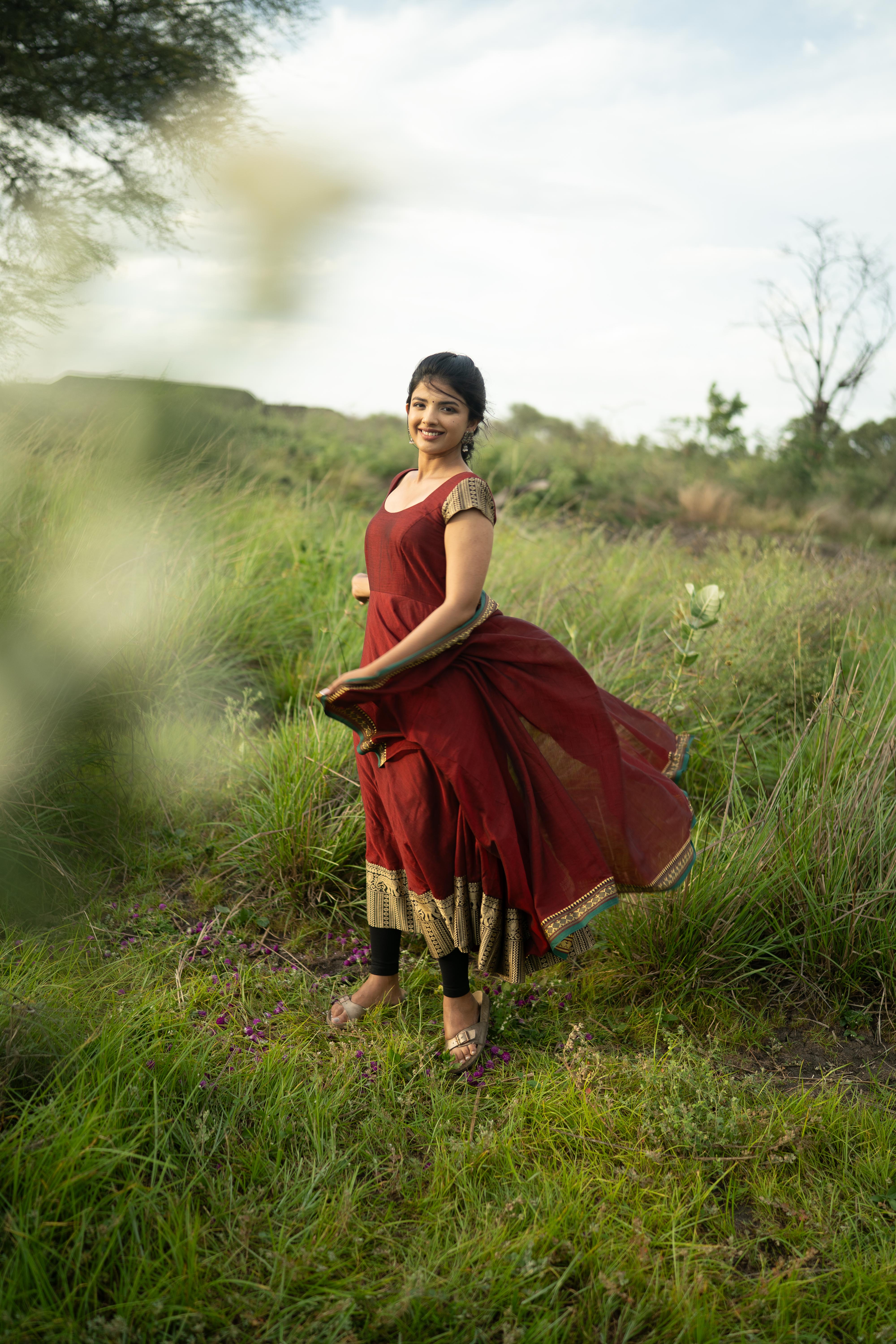 Red with Green Border malar narayanpet Top & Dupatta