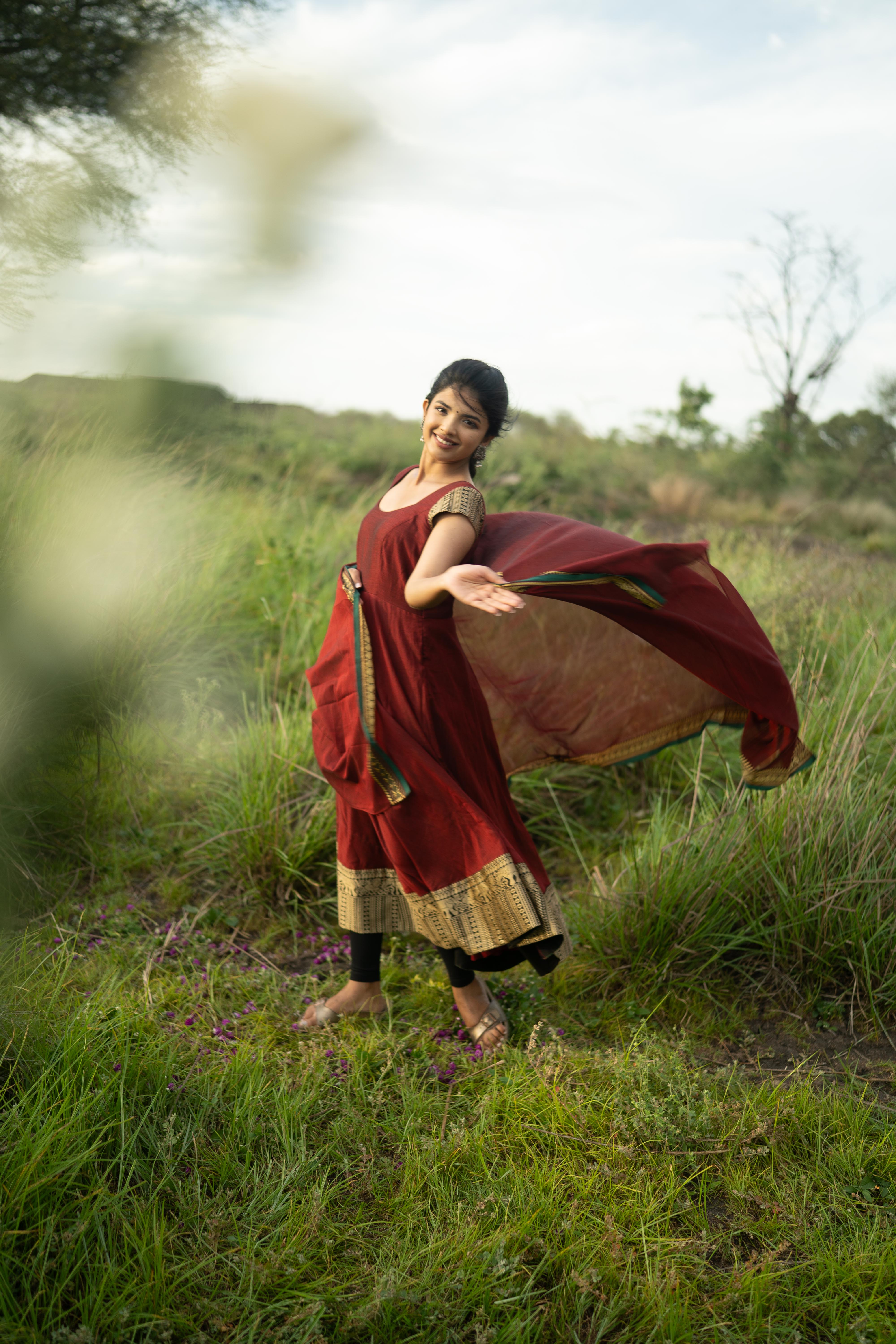 Red with Green Border malar narayanpet Top & Dupatta
