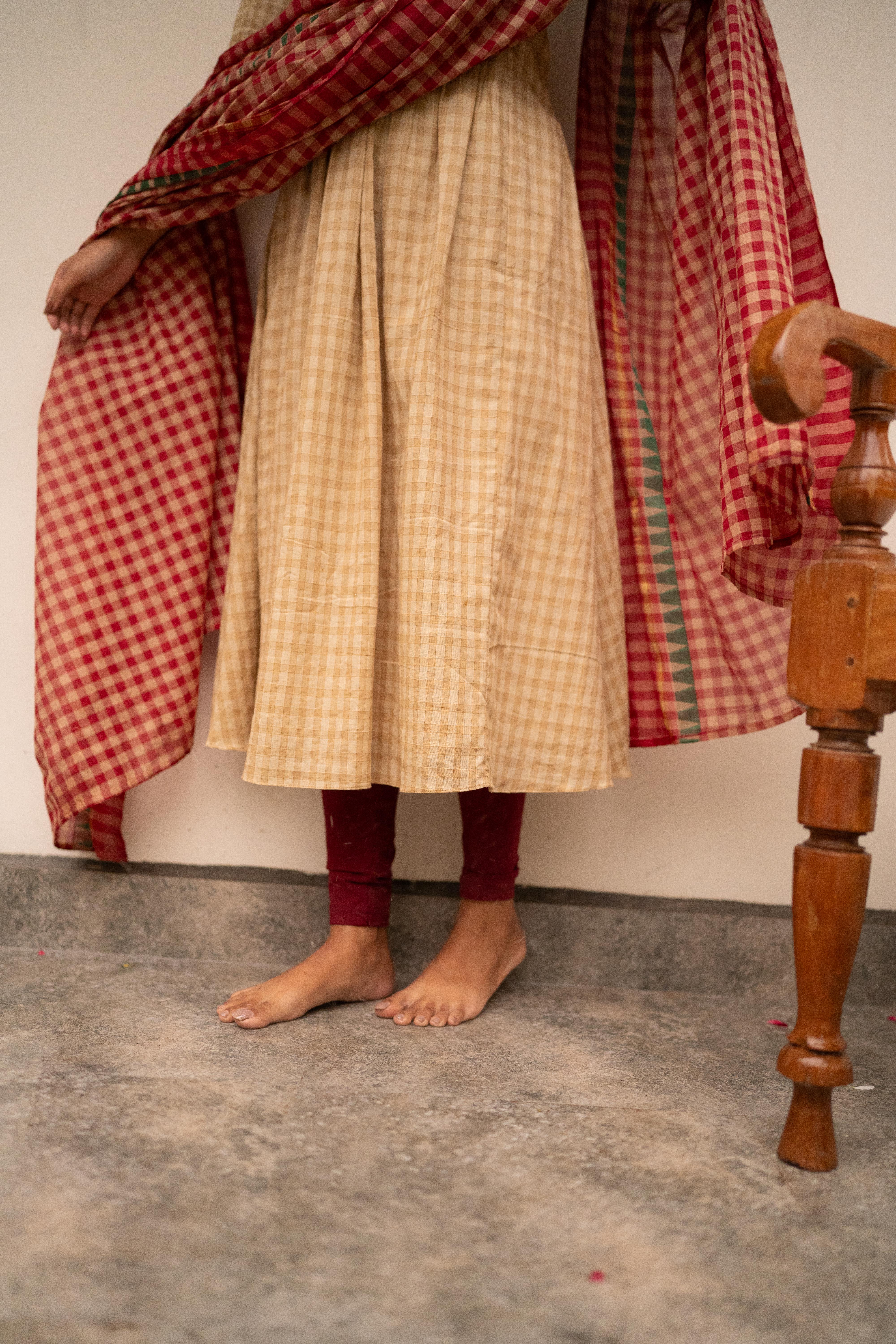 Beige Kattam Top with Red Dupatta