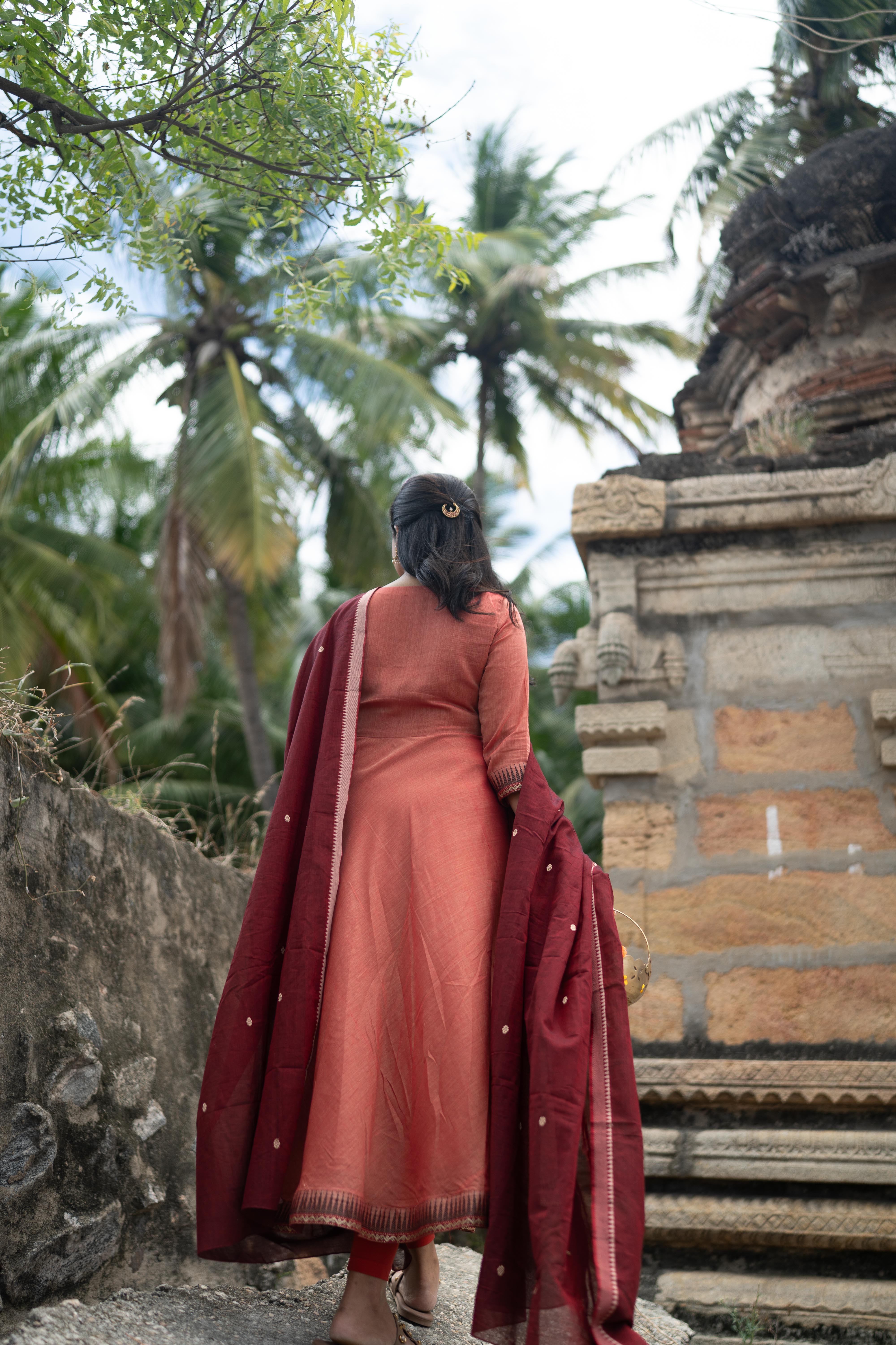 Coral with Maroon dupatta Anarkali set