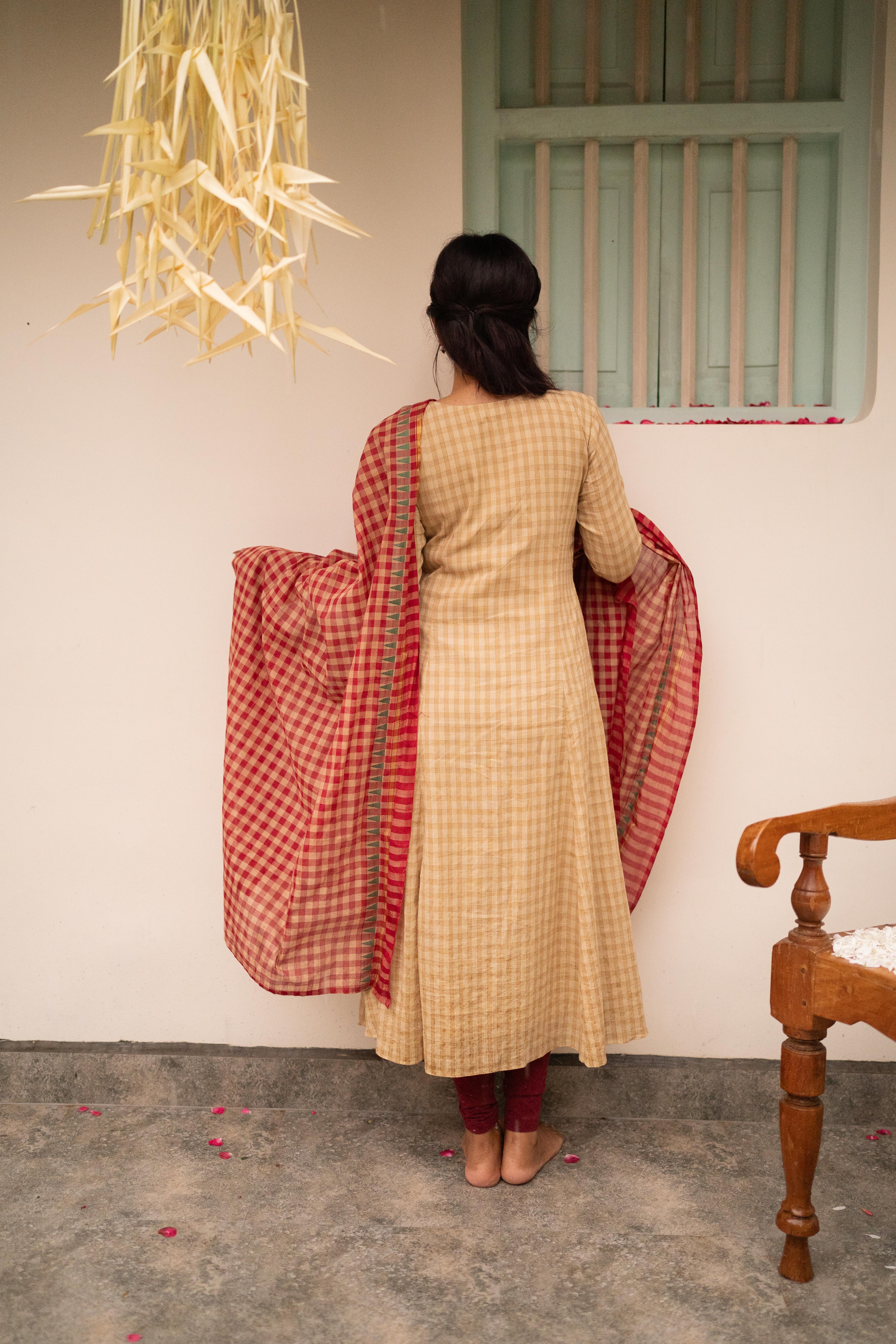 Beige Kattam Top with Red Dupatta