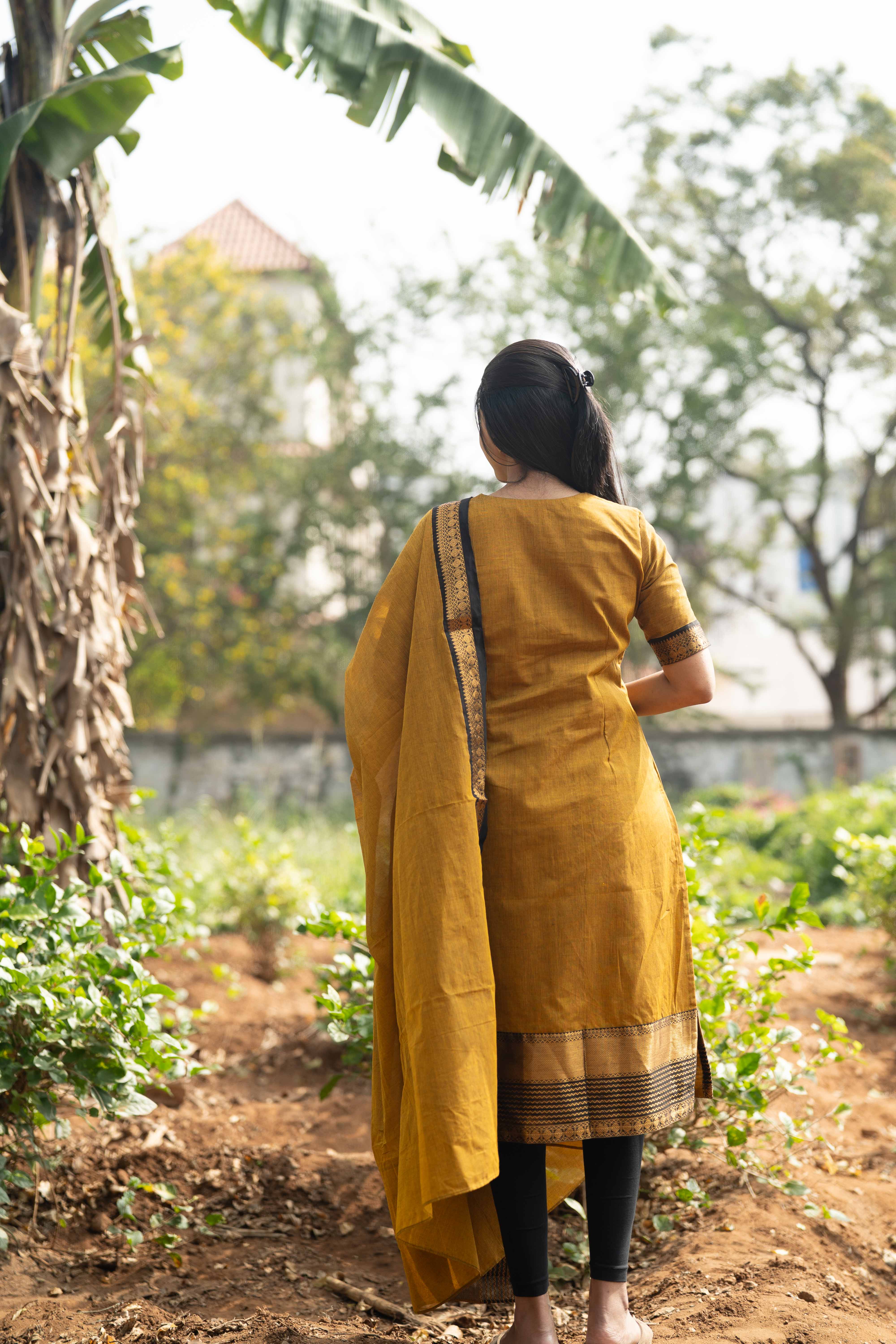 Mustard Kanchi Cotton Top & Dupatta Set