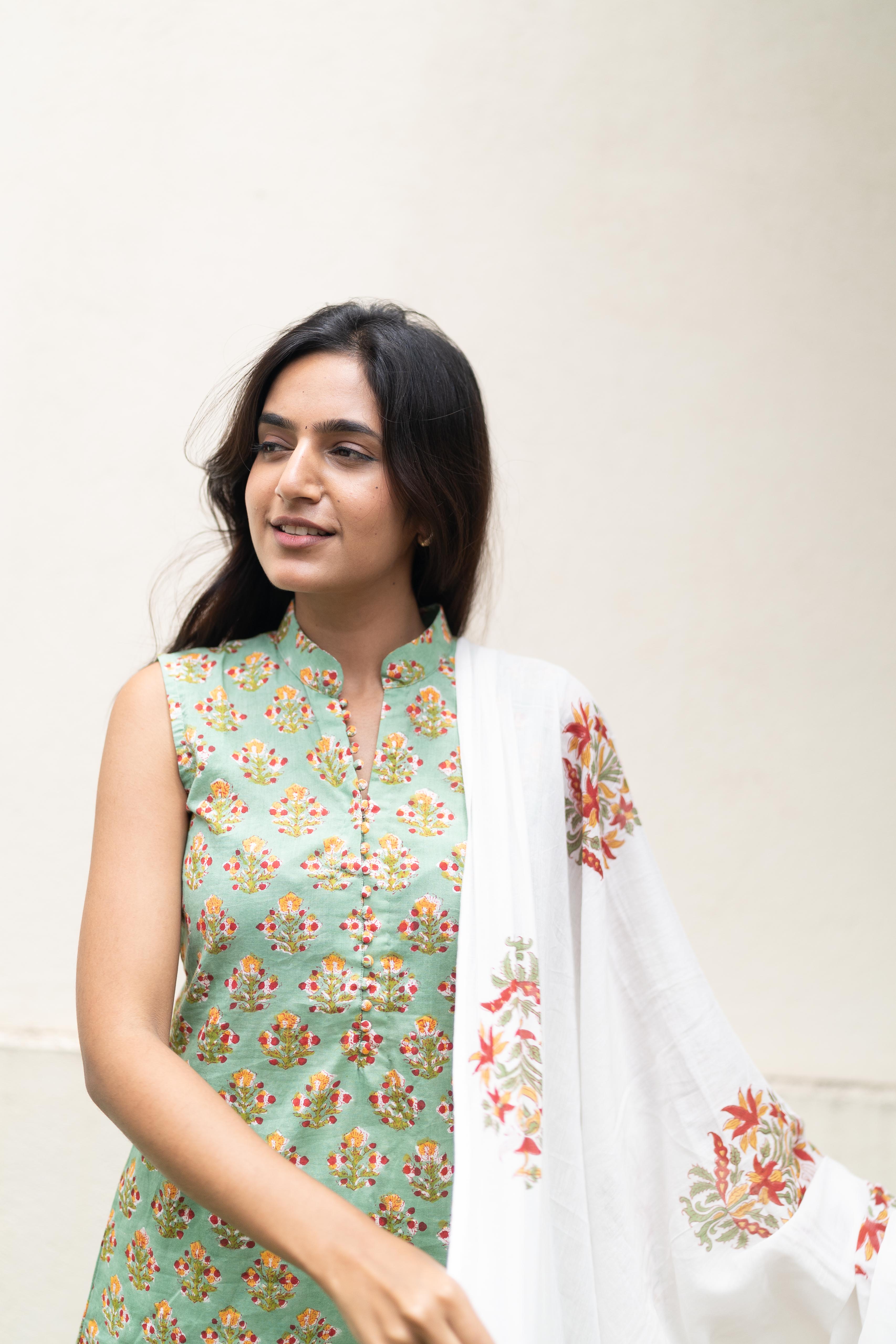 Mint green handblock printed suit set
