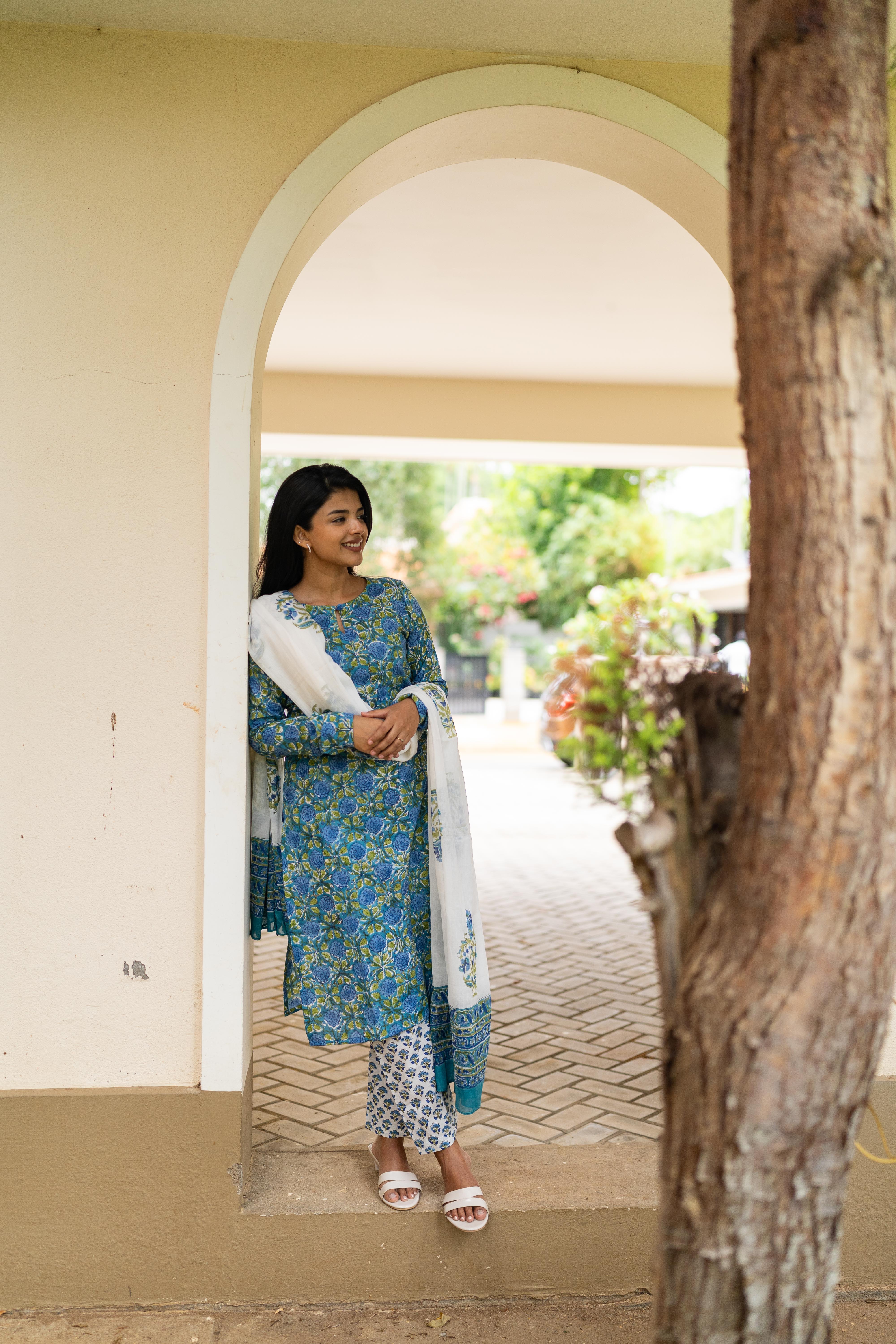 Blue handblock printed suit set