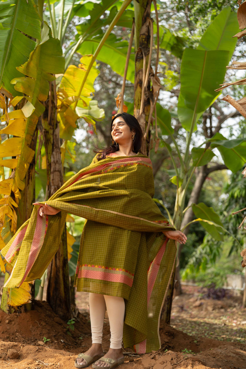 Green Kattam Cotton Top & Dupatta Set