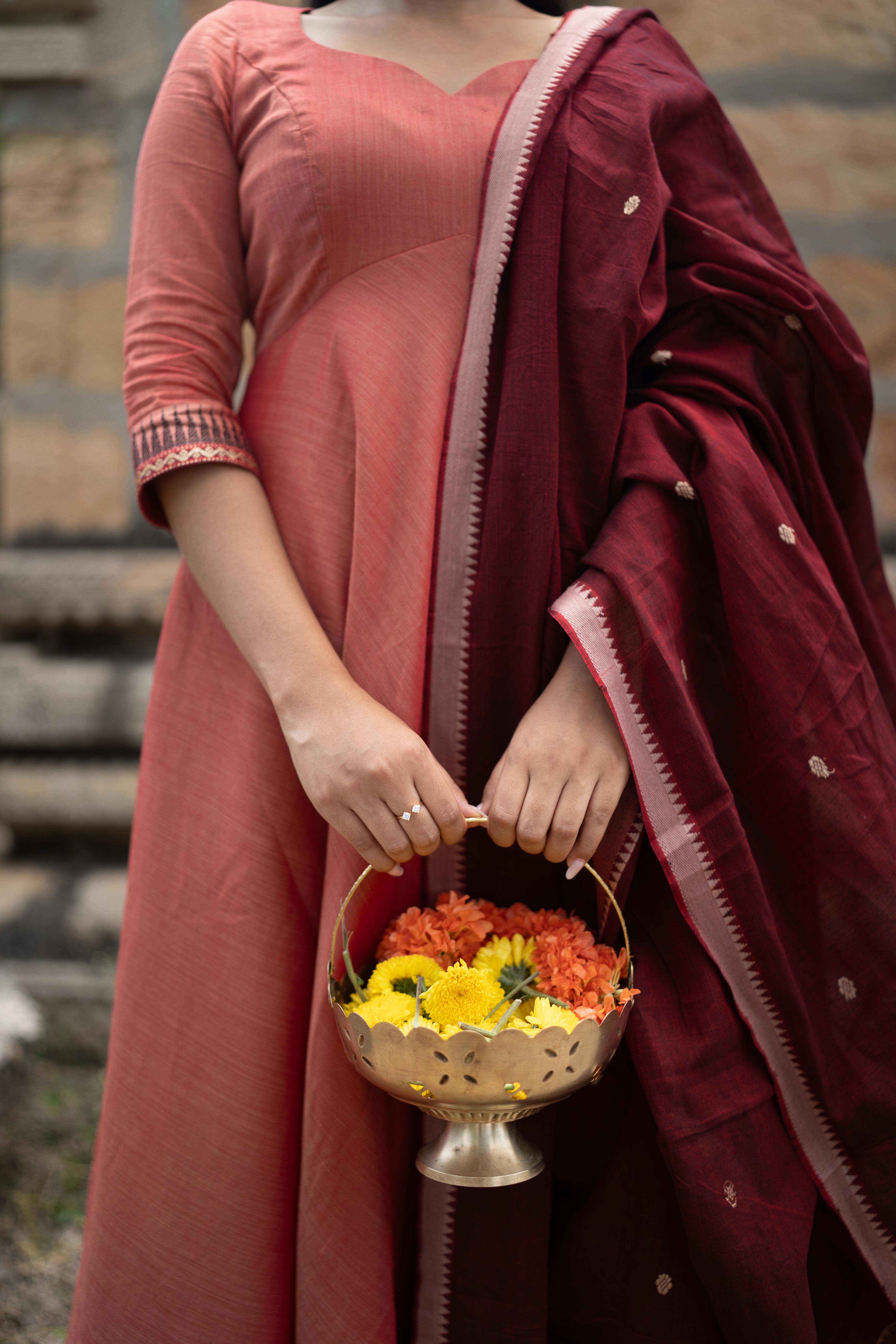 Coral with Maroon dupatta Anarkali set