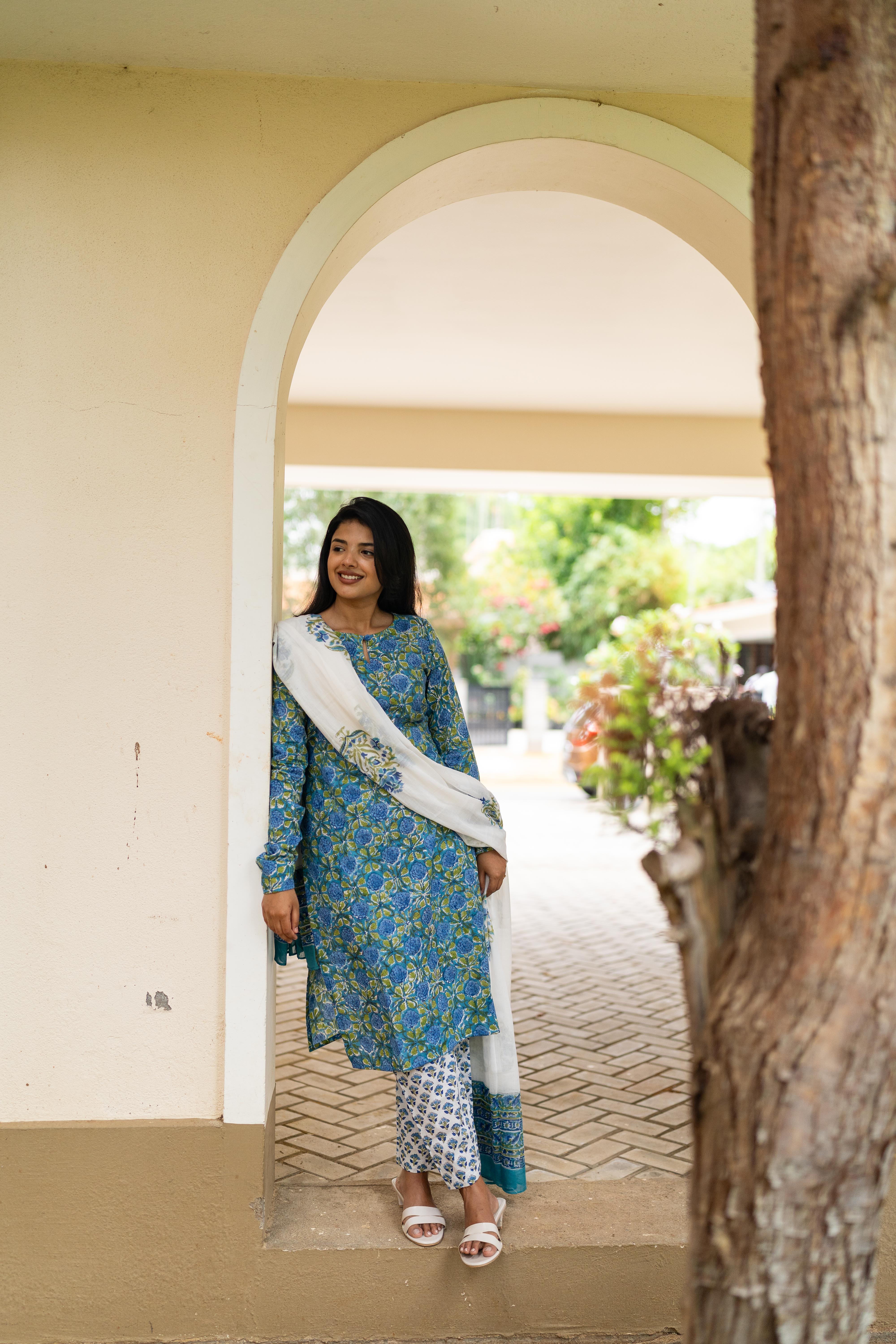 Blue handblock printed suit set