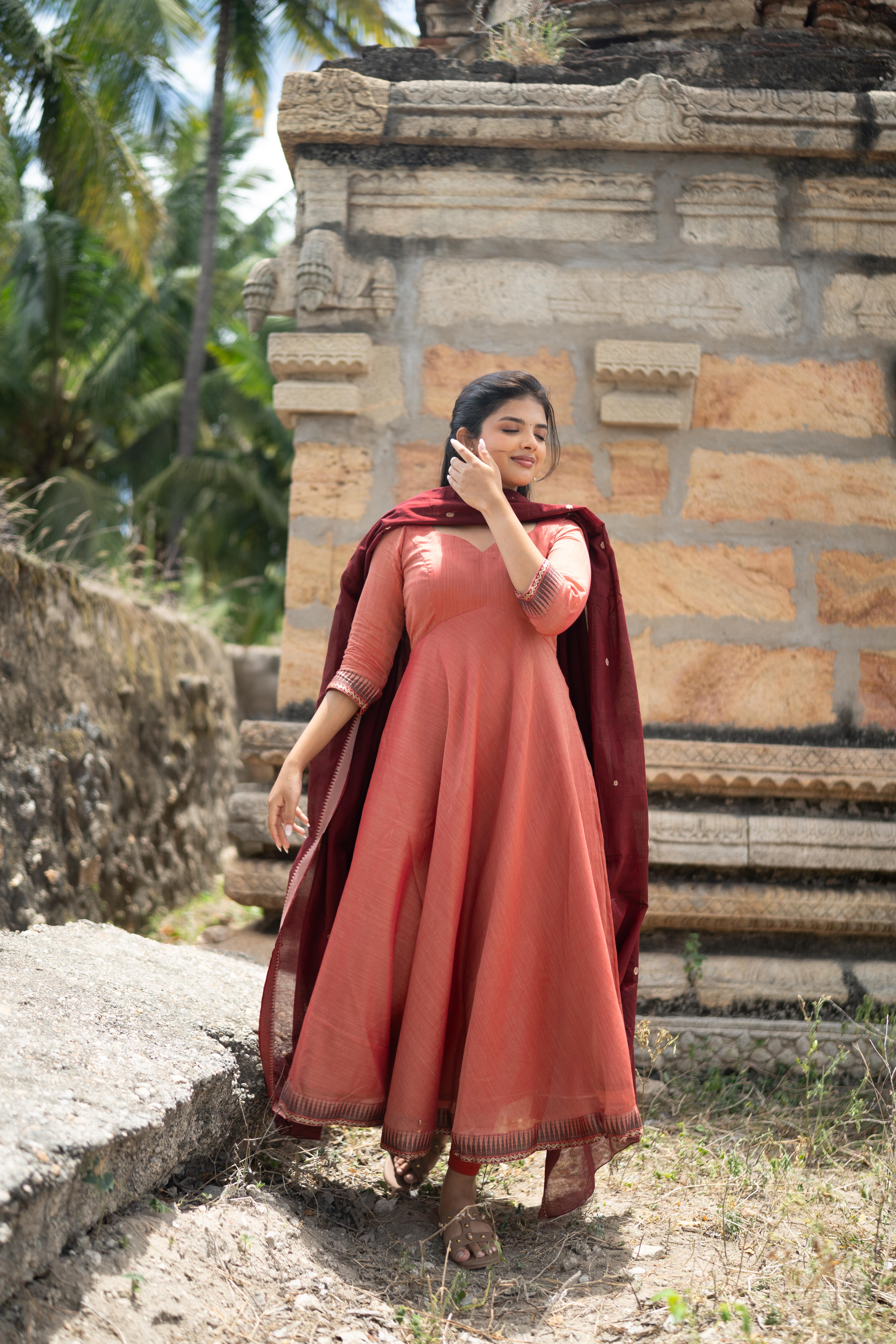 Coral with Maroon dupatta Anarkali set