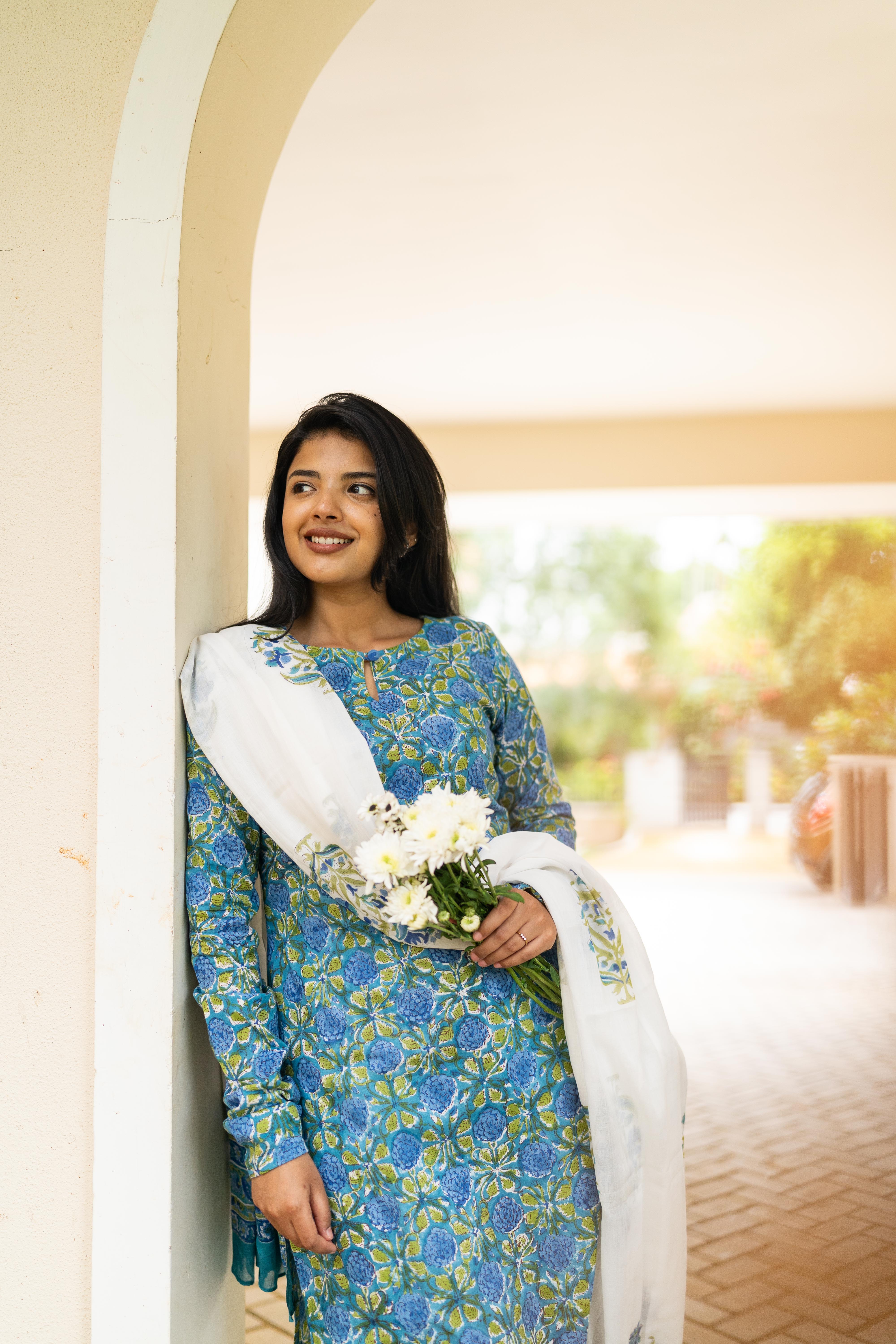 Blue handblock printed suit set