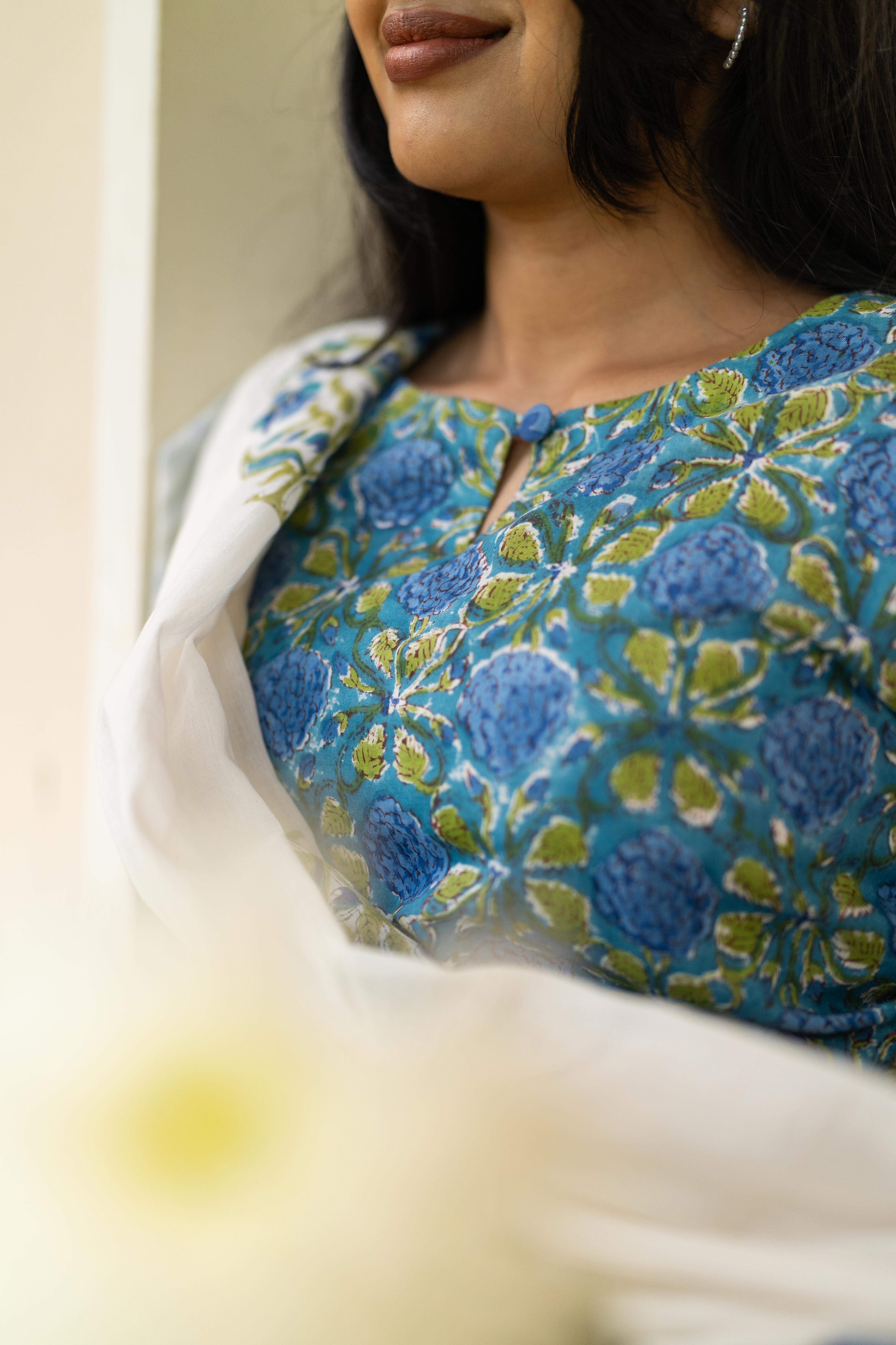 Blue handblock printed suit set