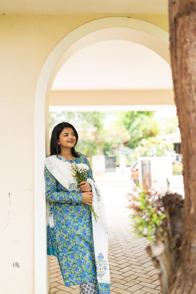 Blue handblock printed suit set