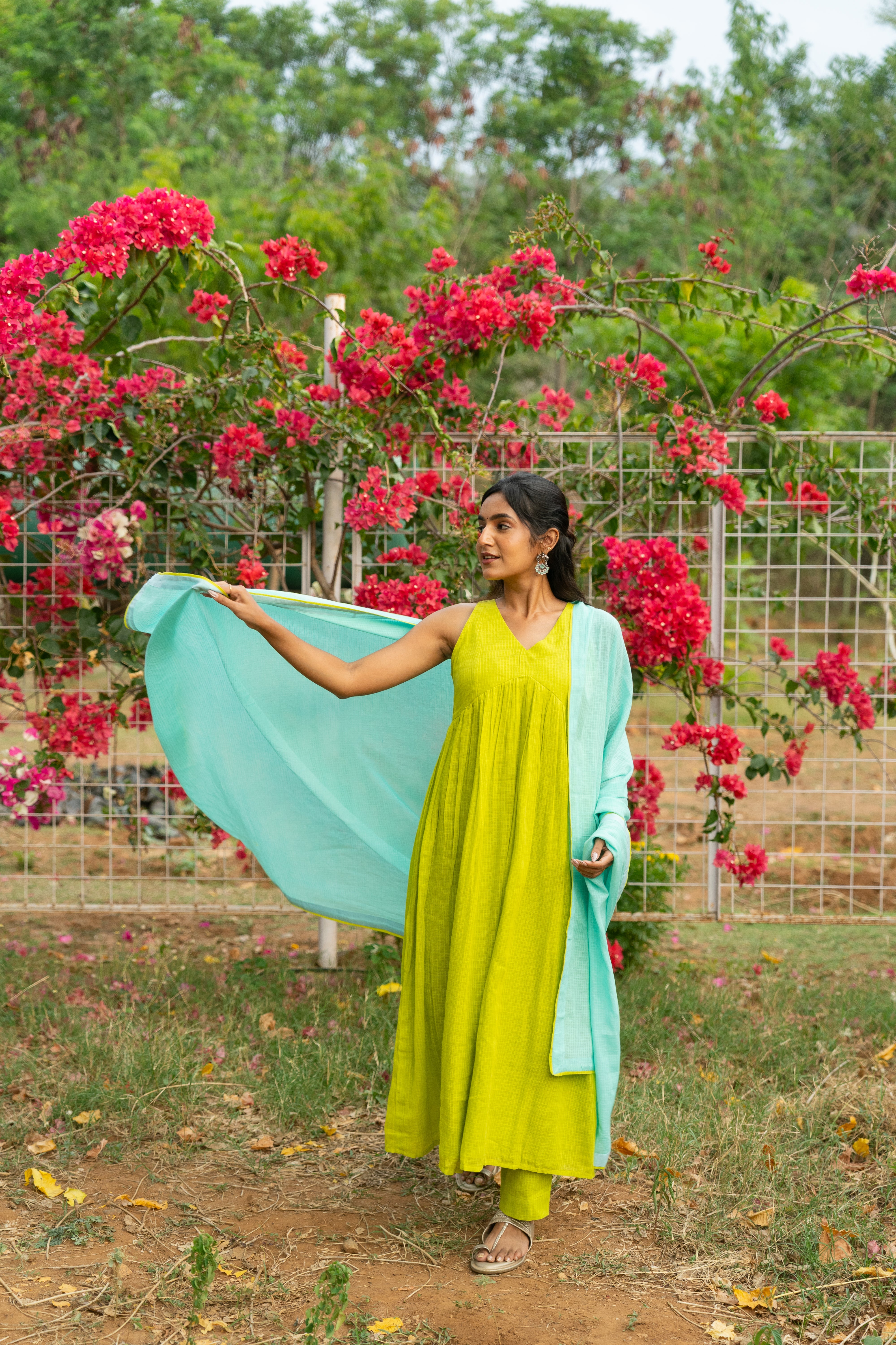 Lime Green Kota Anarkali Set