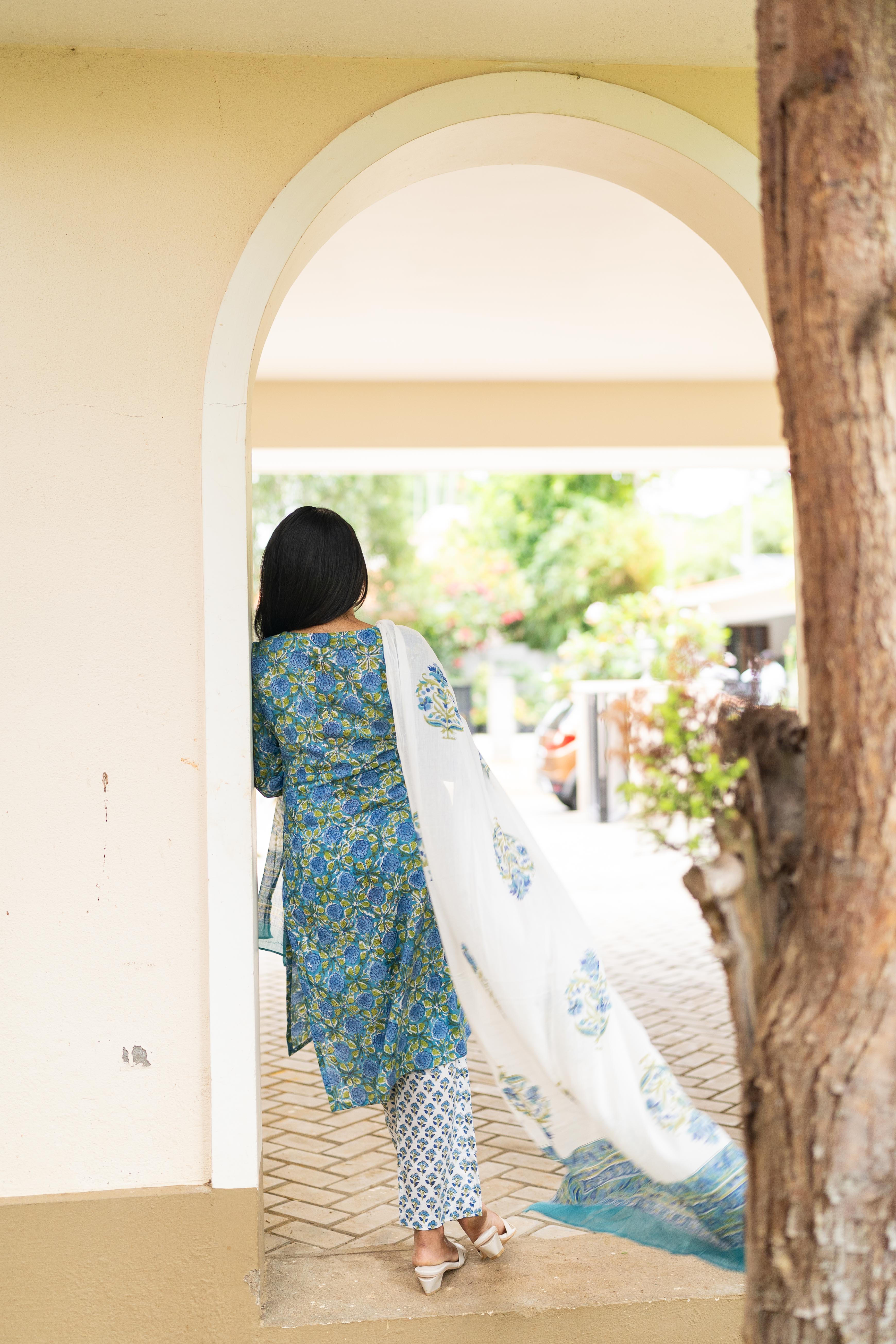 Blue handblock printed suit set