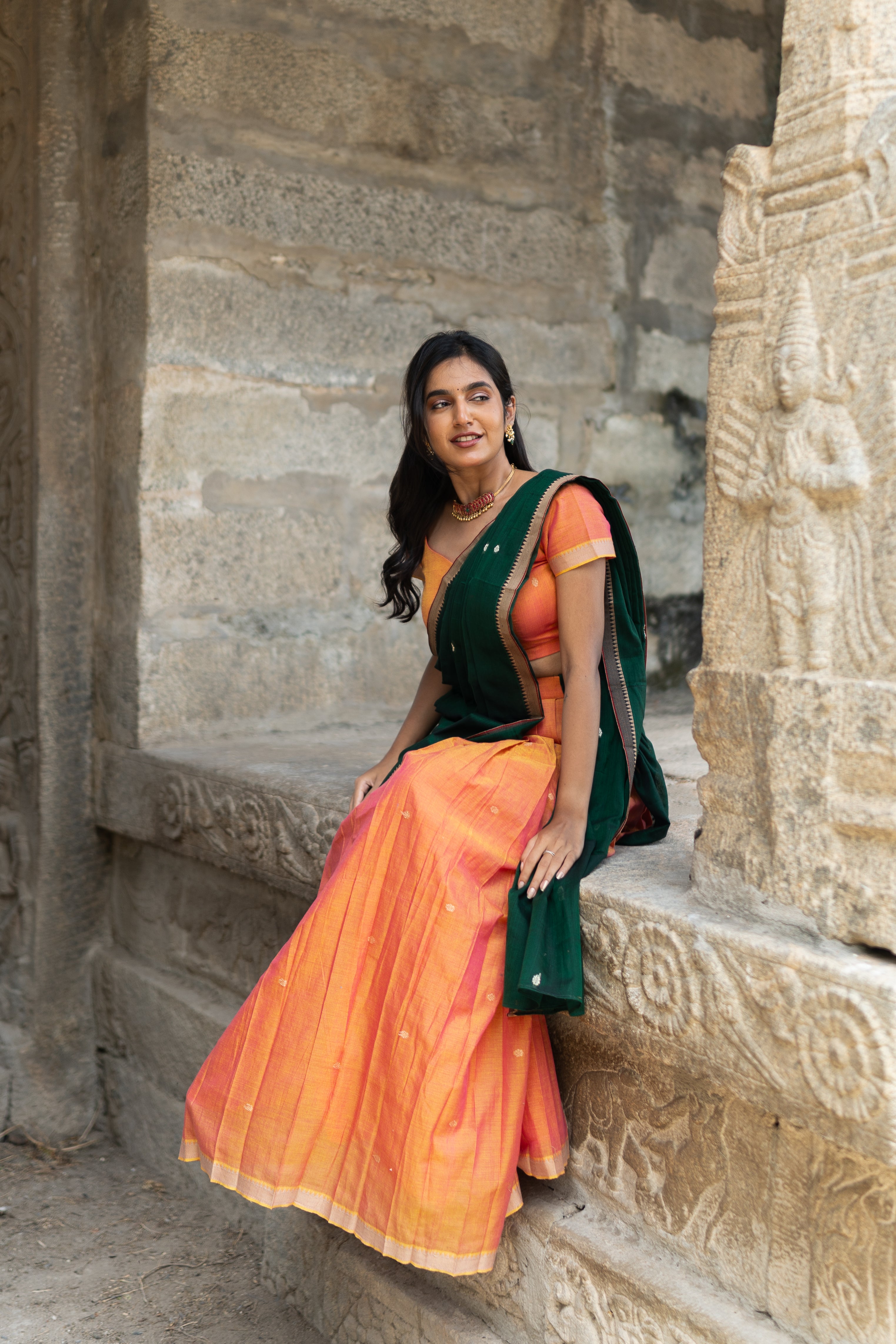 Orange with dark green half saree