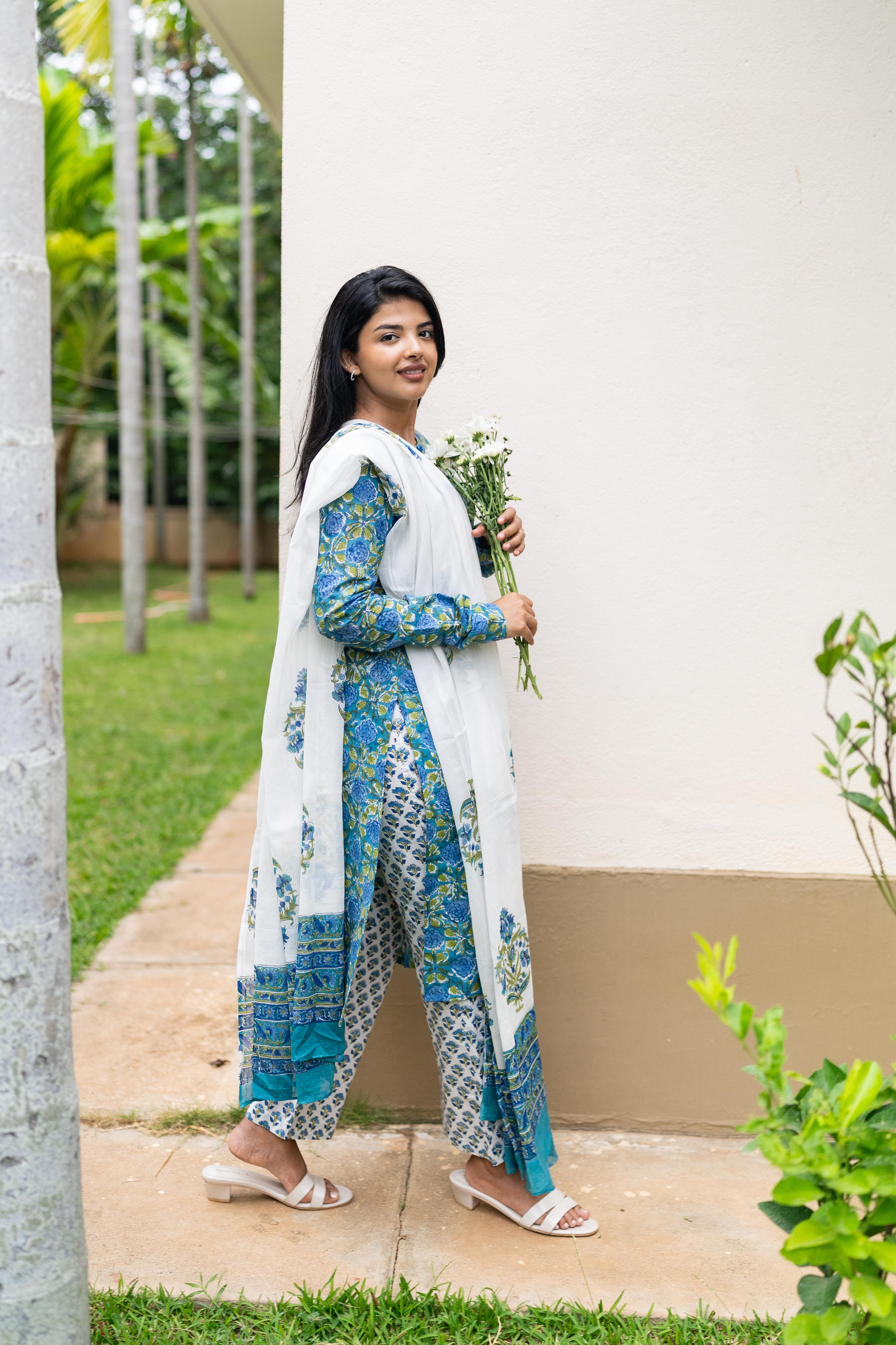 Blue handblock printed suit set
