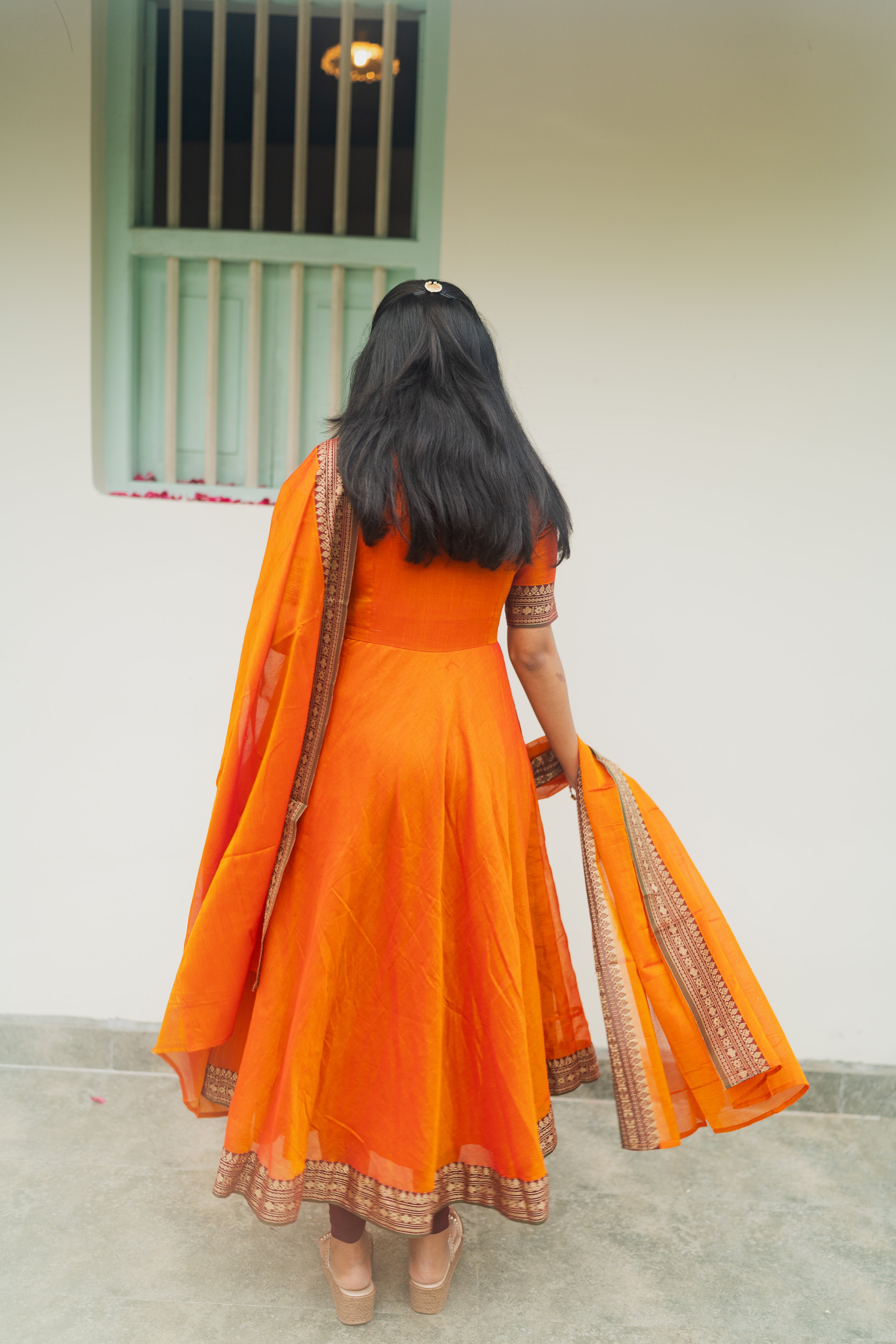 Orange Malar Anarkali Top & Dupatta
