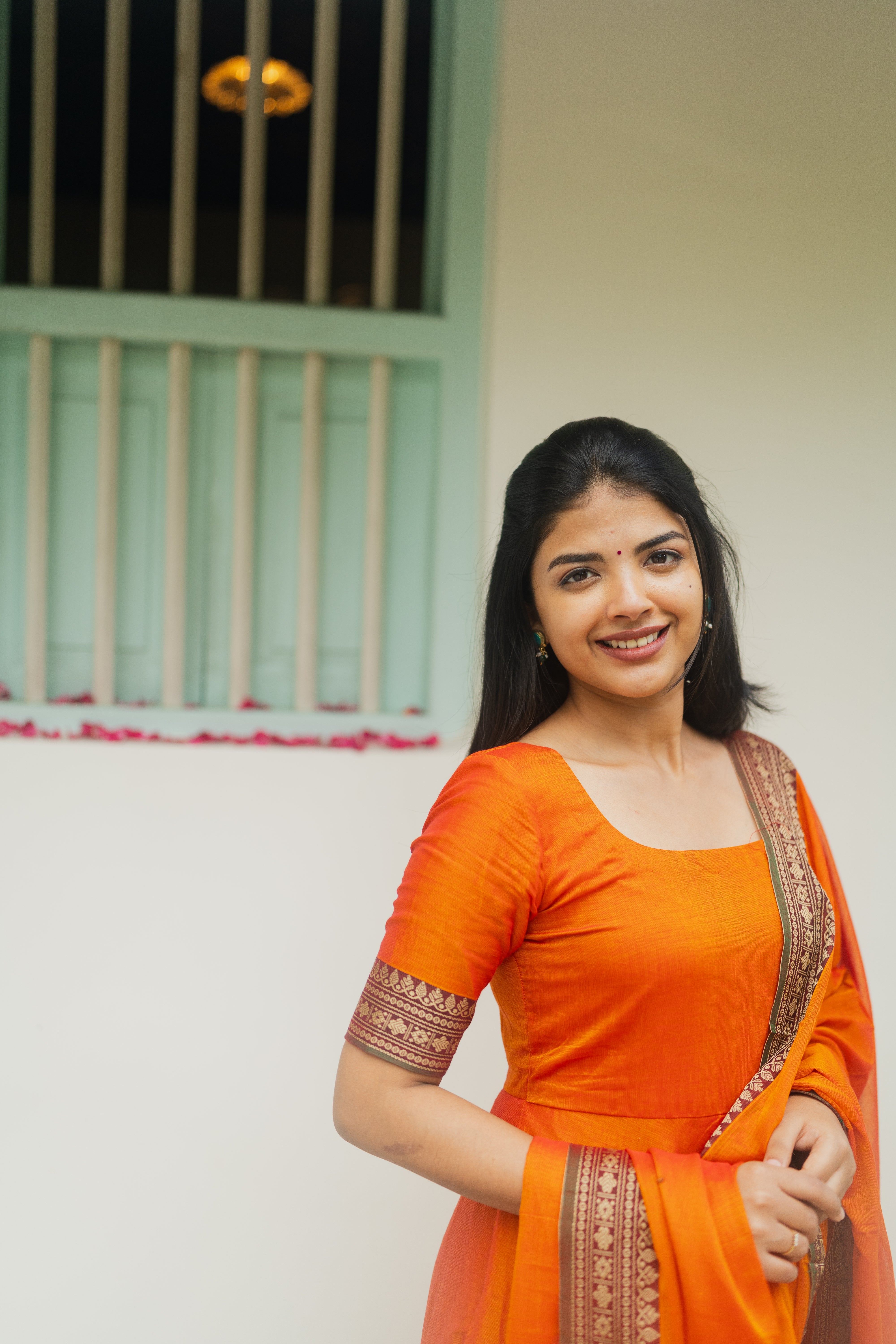 Orange Malar Anarkali Top & Dupatta