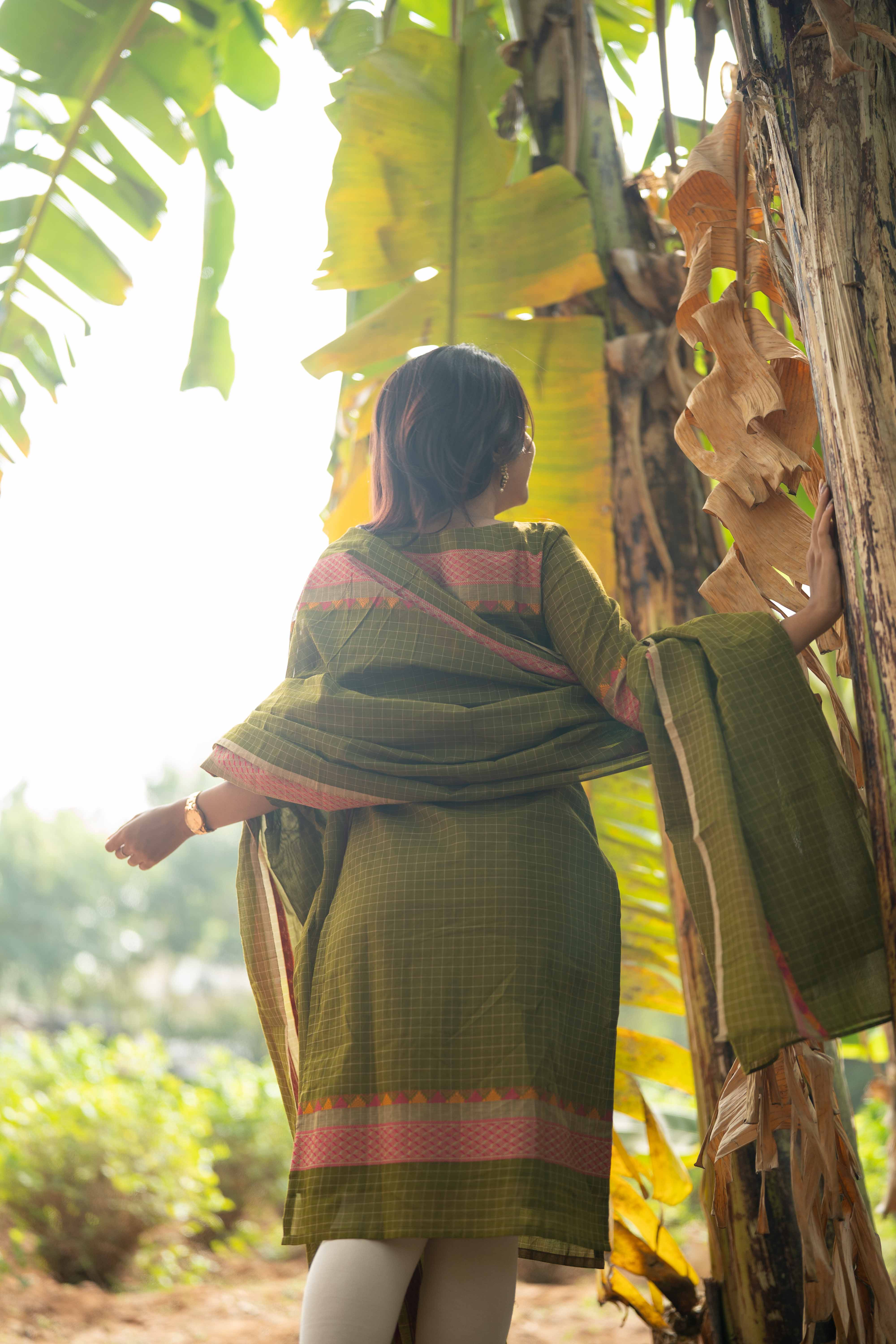 Green Kanchi Cotton Top & Dupatta Set