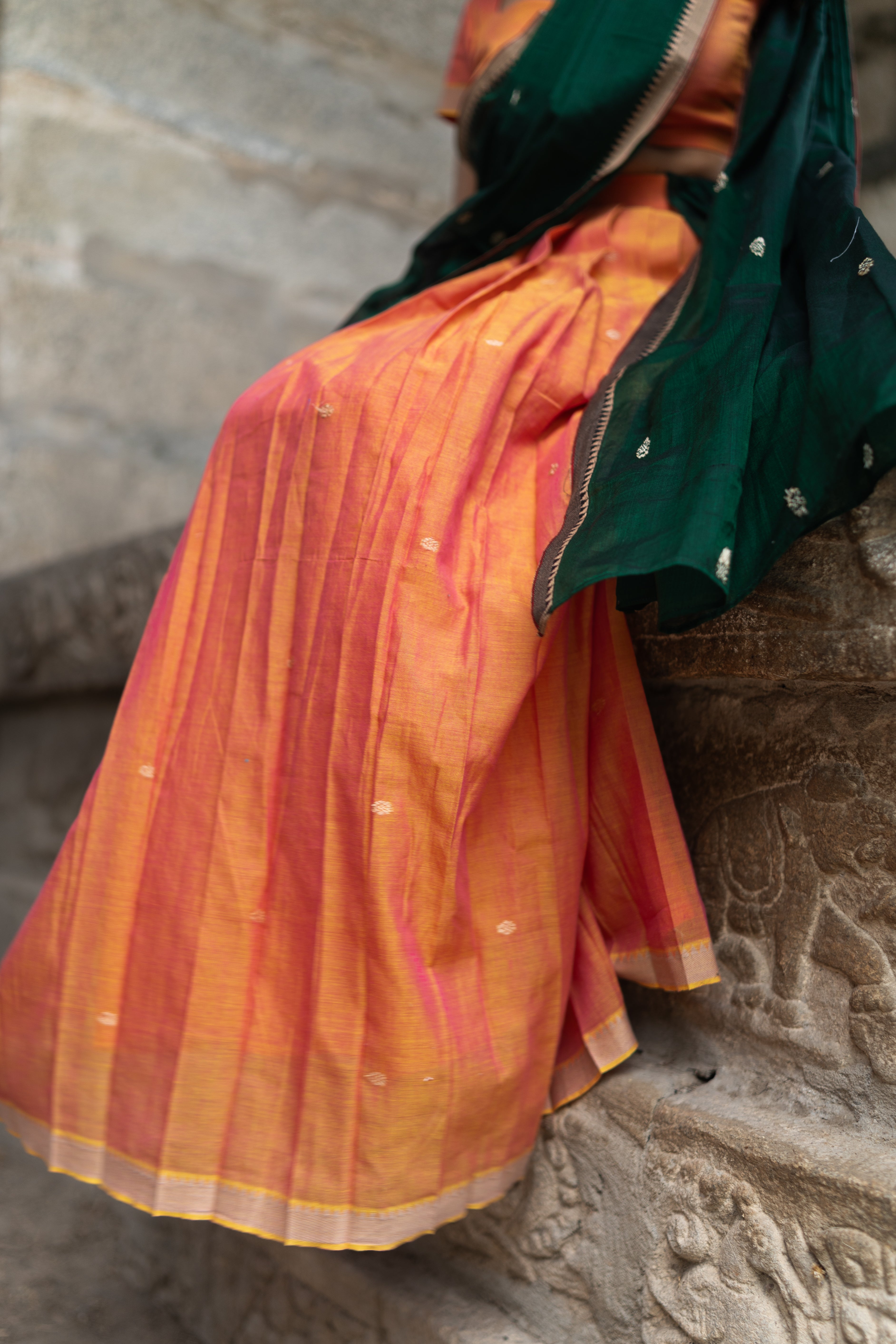 Orange with dark green half saree