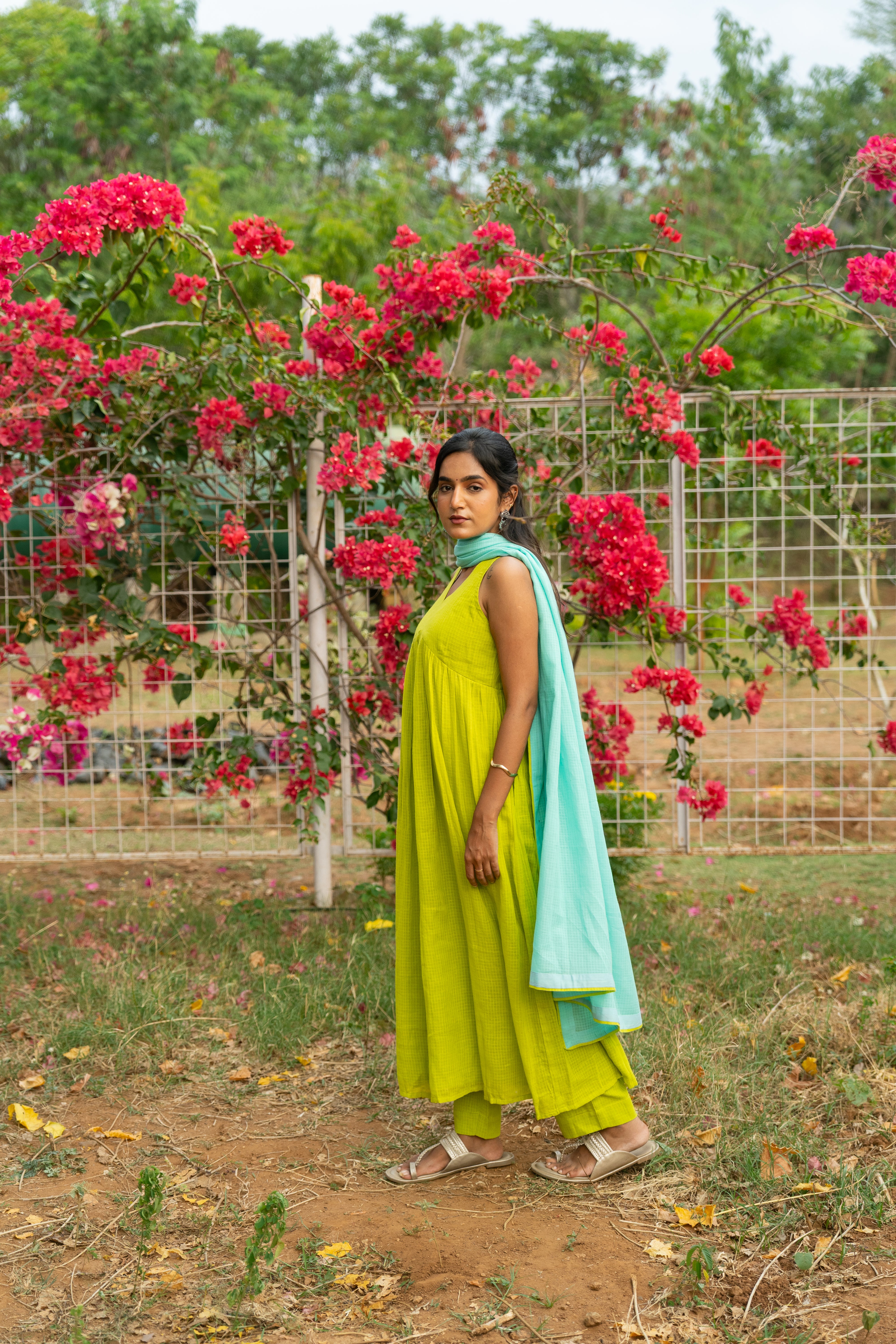 Lime Green Kota Anarkali Set