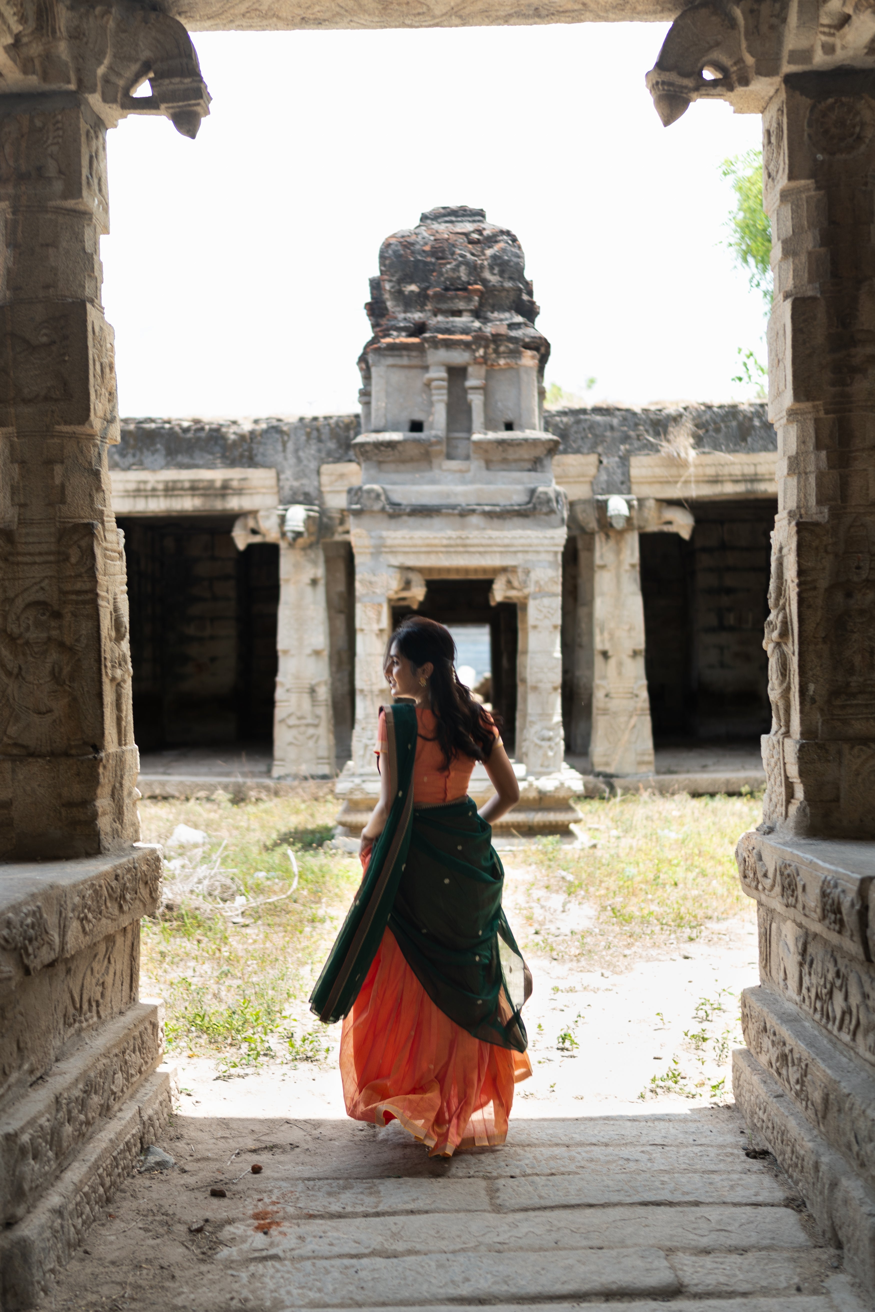 Orange with dark green half saree