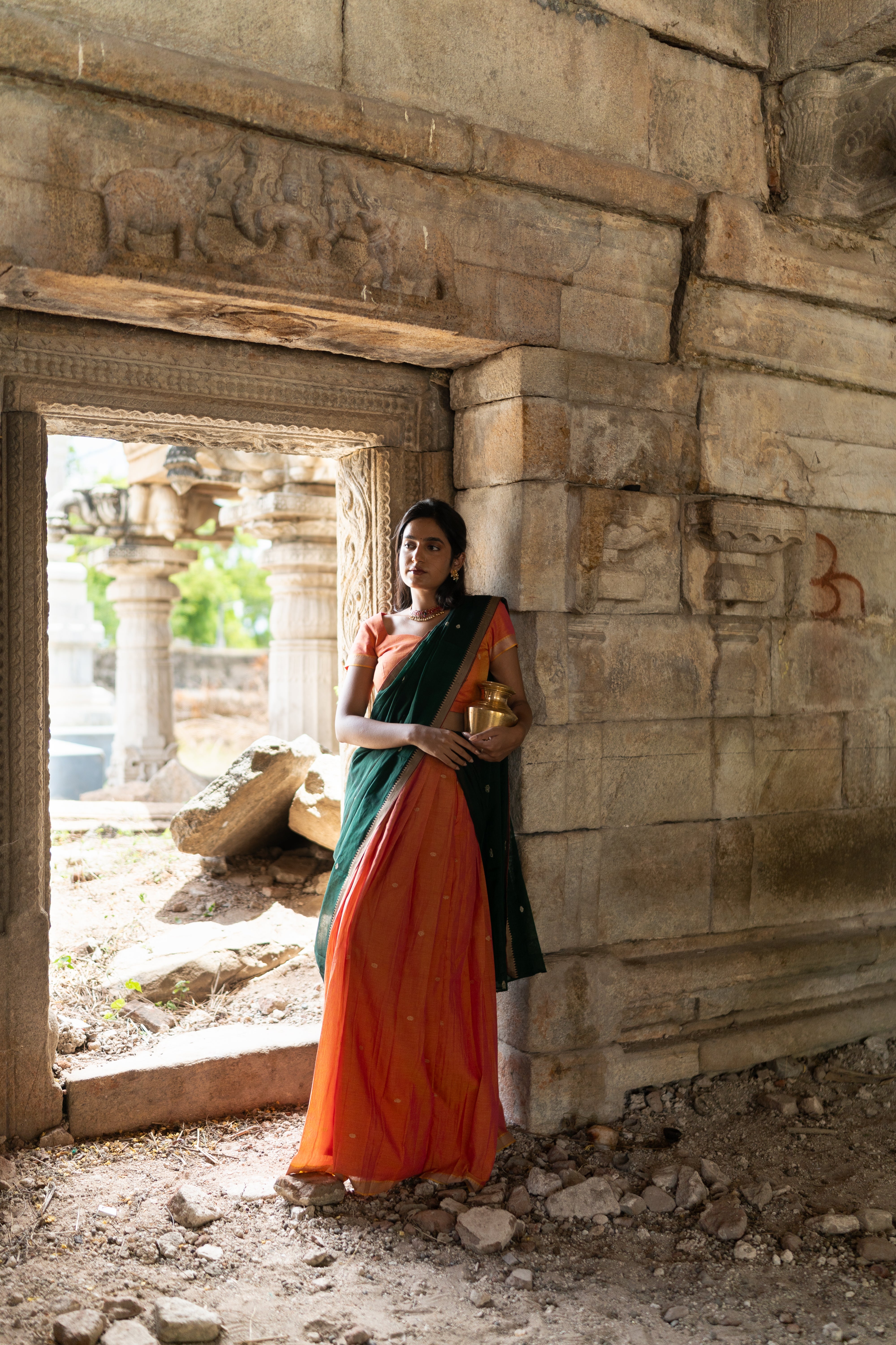 Orange with dark green half saree