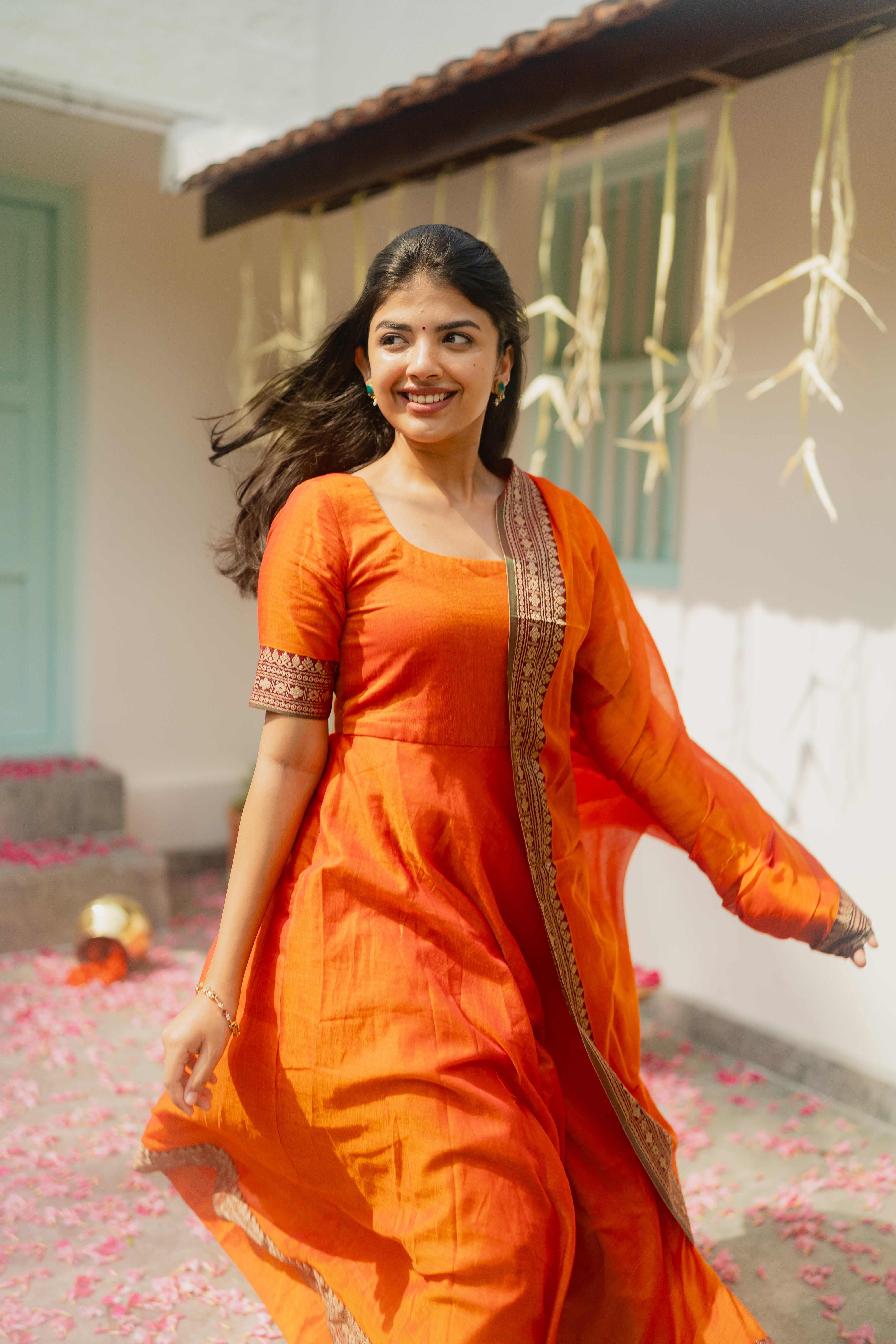 Orange Malar Anarkali Top & Dupatta
