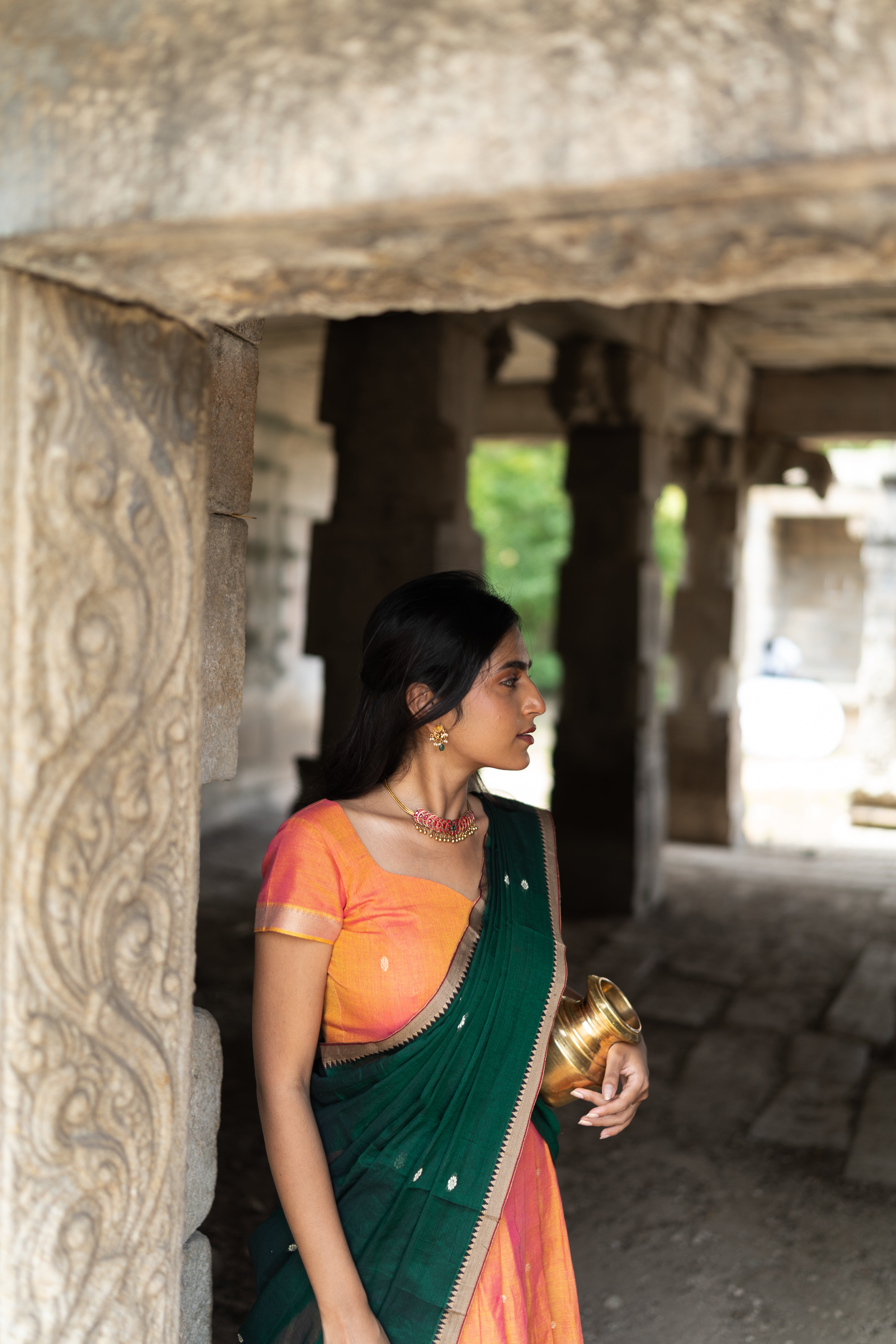 Orange with dark green half saree