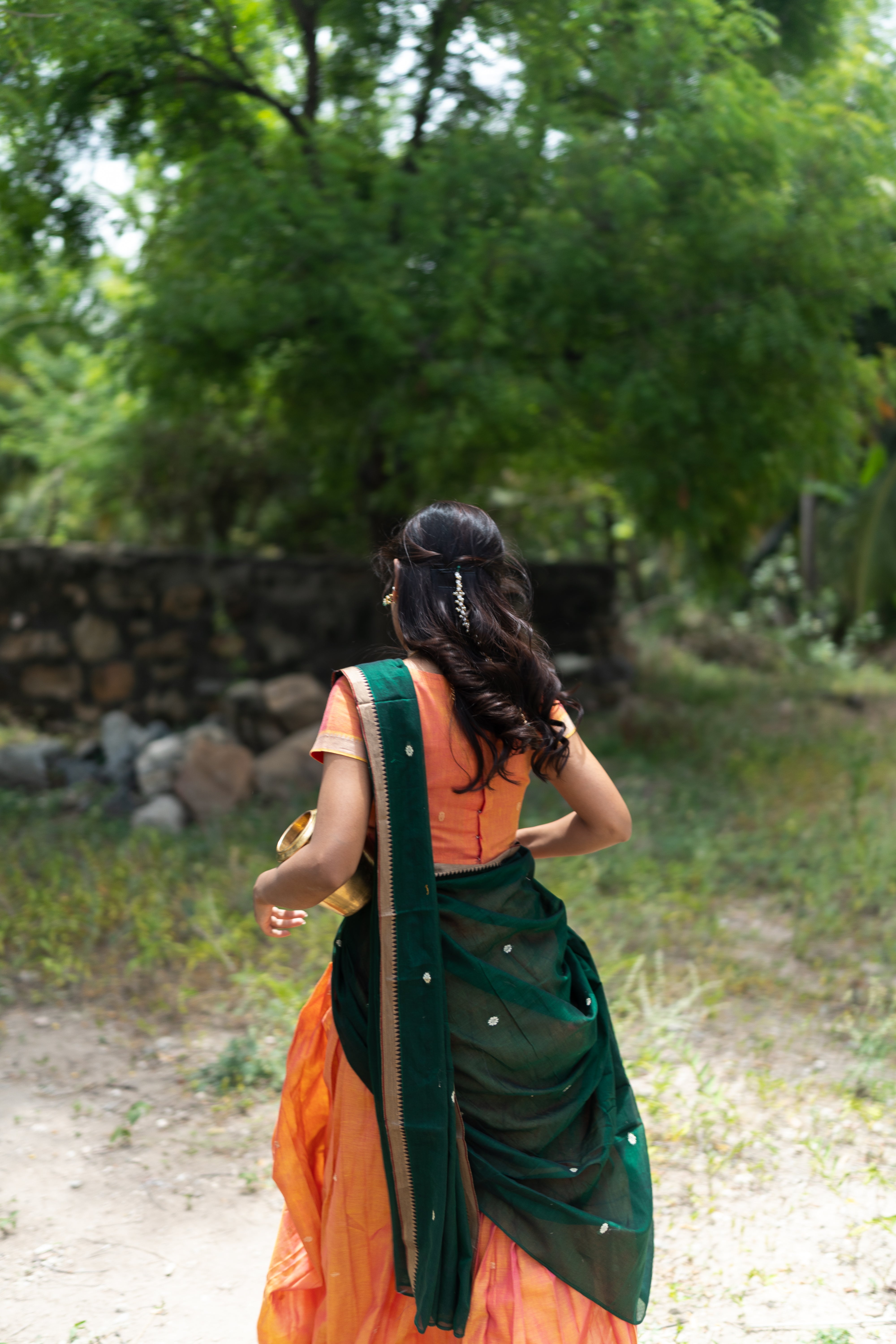 Orange with dark green half saree