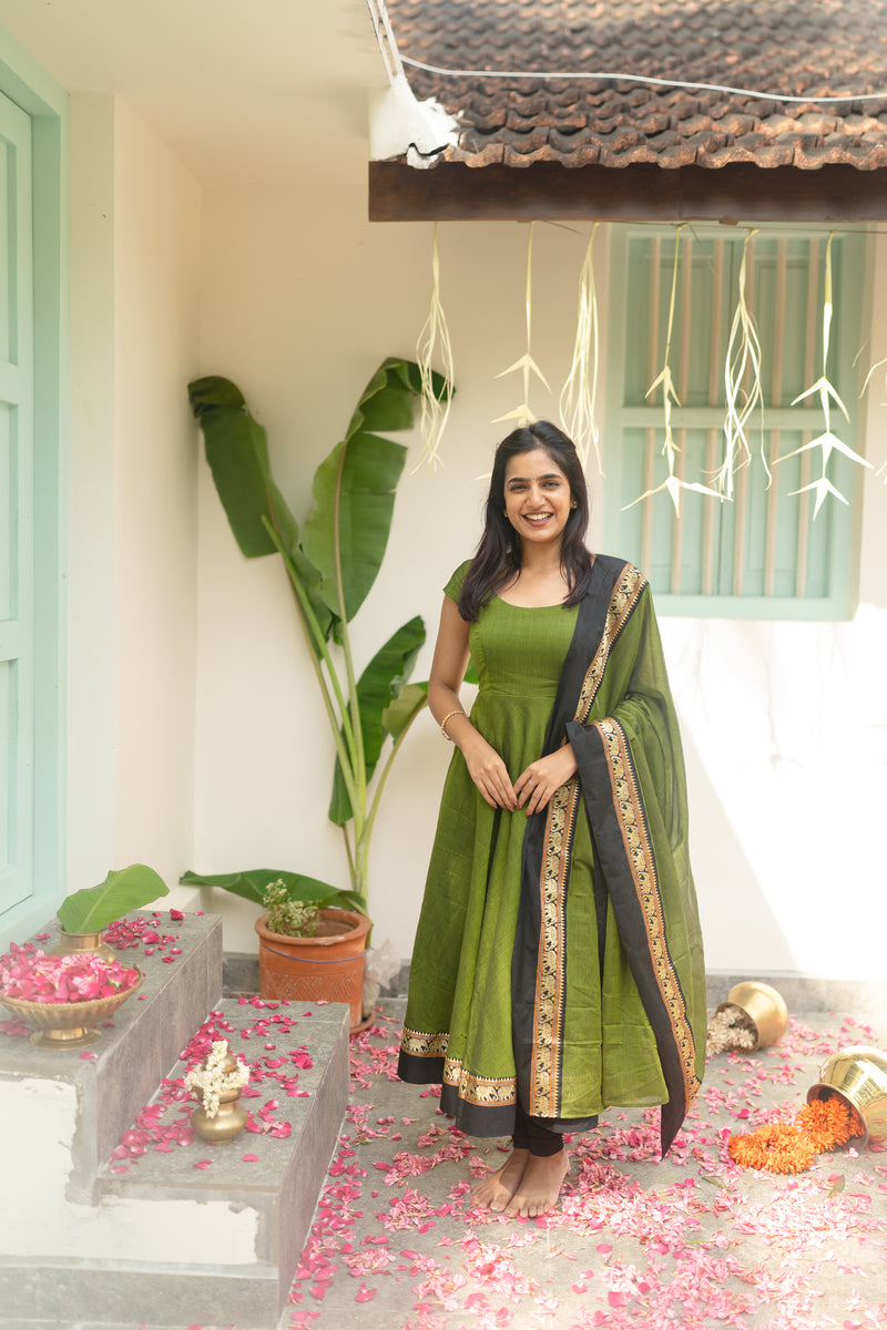 Olive Green Narayanpet Anarkali Top & Dupatta