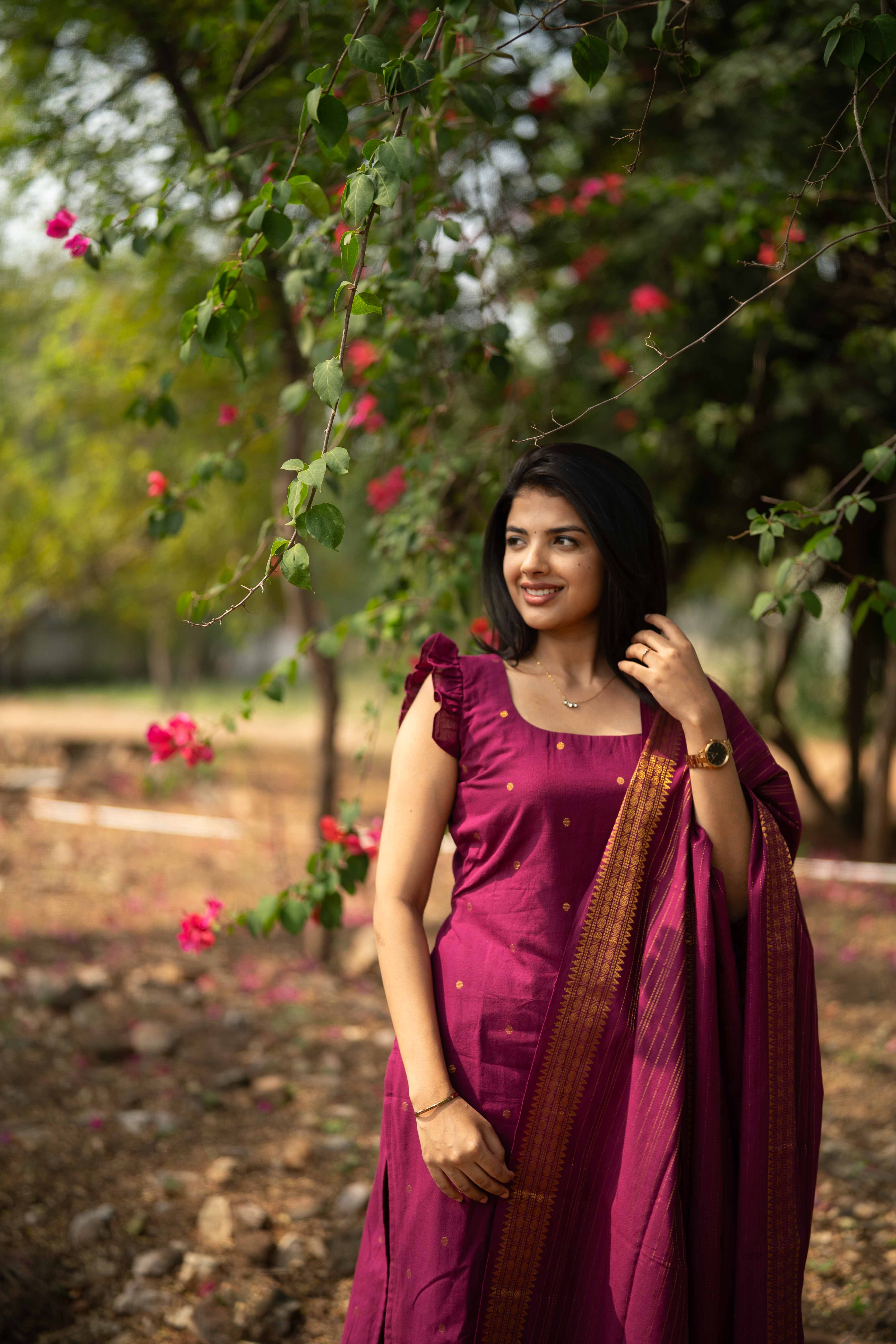 Magenta Cotton Kurta Suit set (Flutter Sleeves)