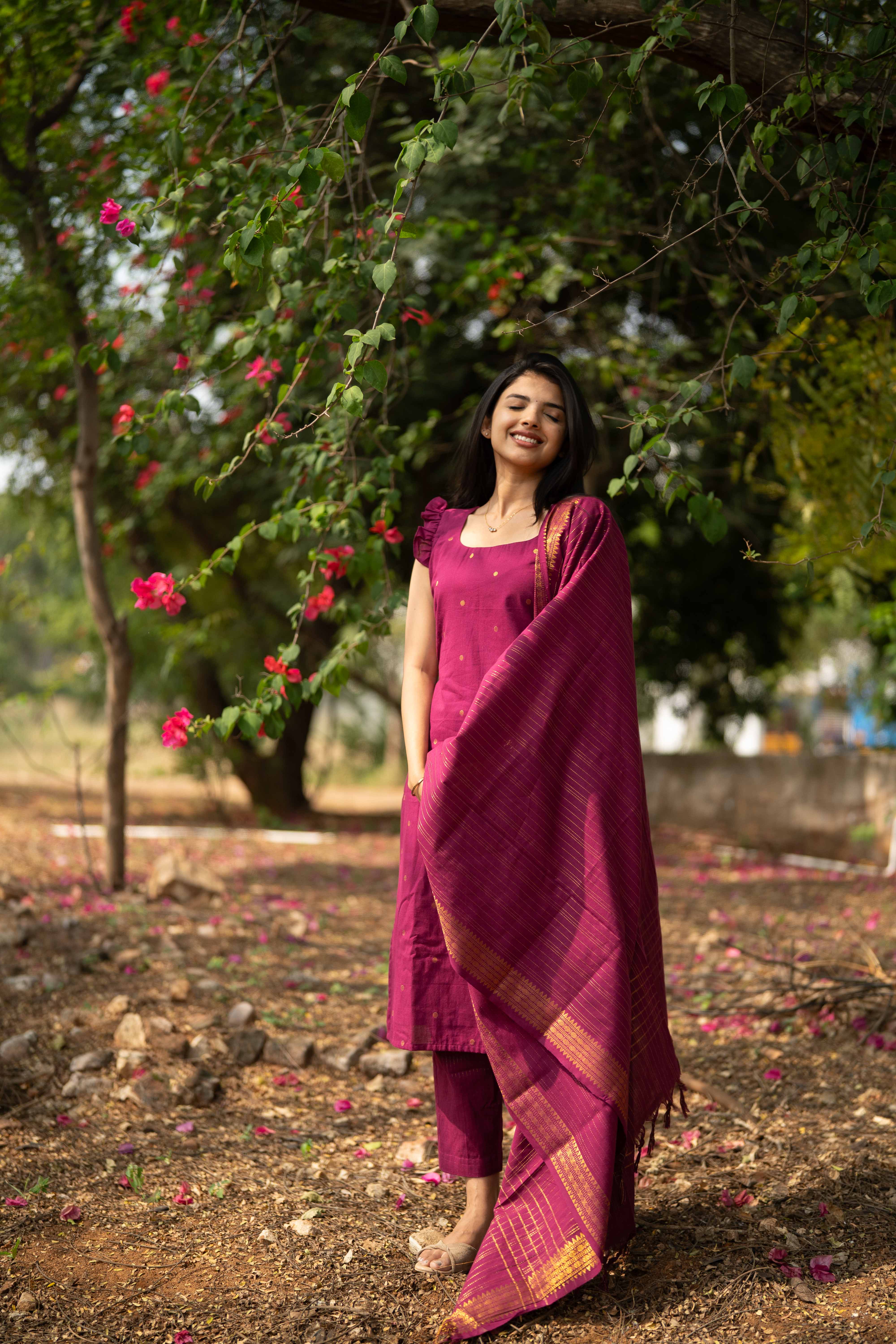 Magenta Cotton Kurta Suit set (Flutter Sleeves)