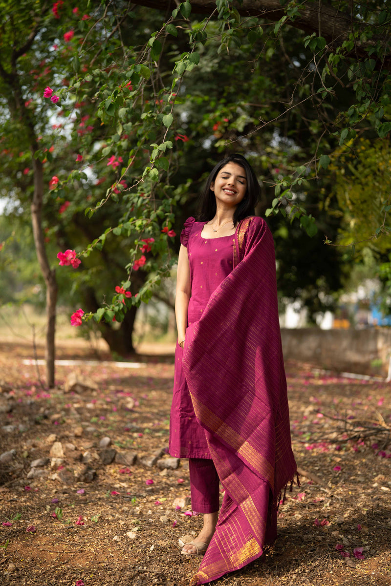 Magenta Cotton Kurta Suit set (Flutter Sleeves)
