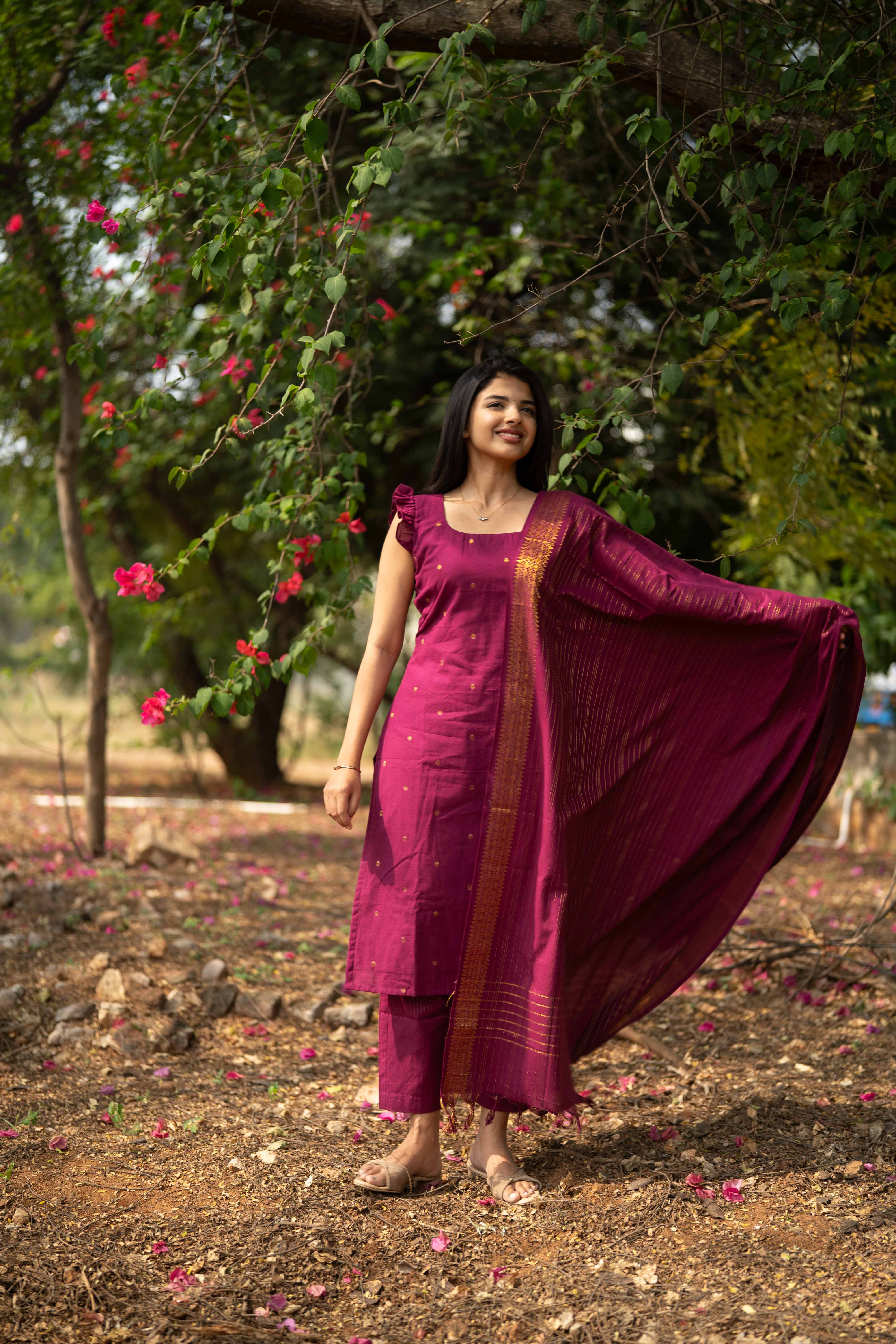 Magenta Cotton Kurta Suit set (Flutter Sleeves)