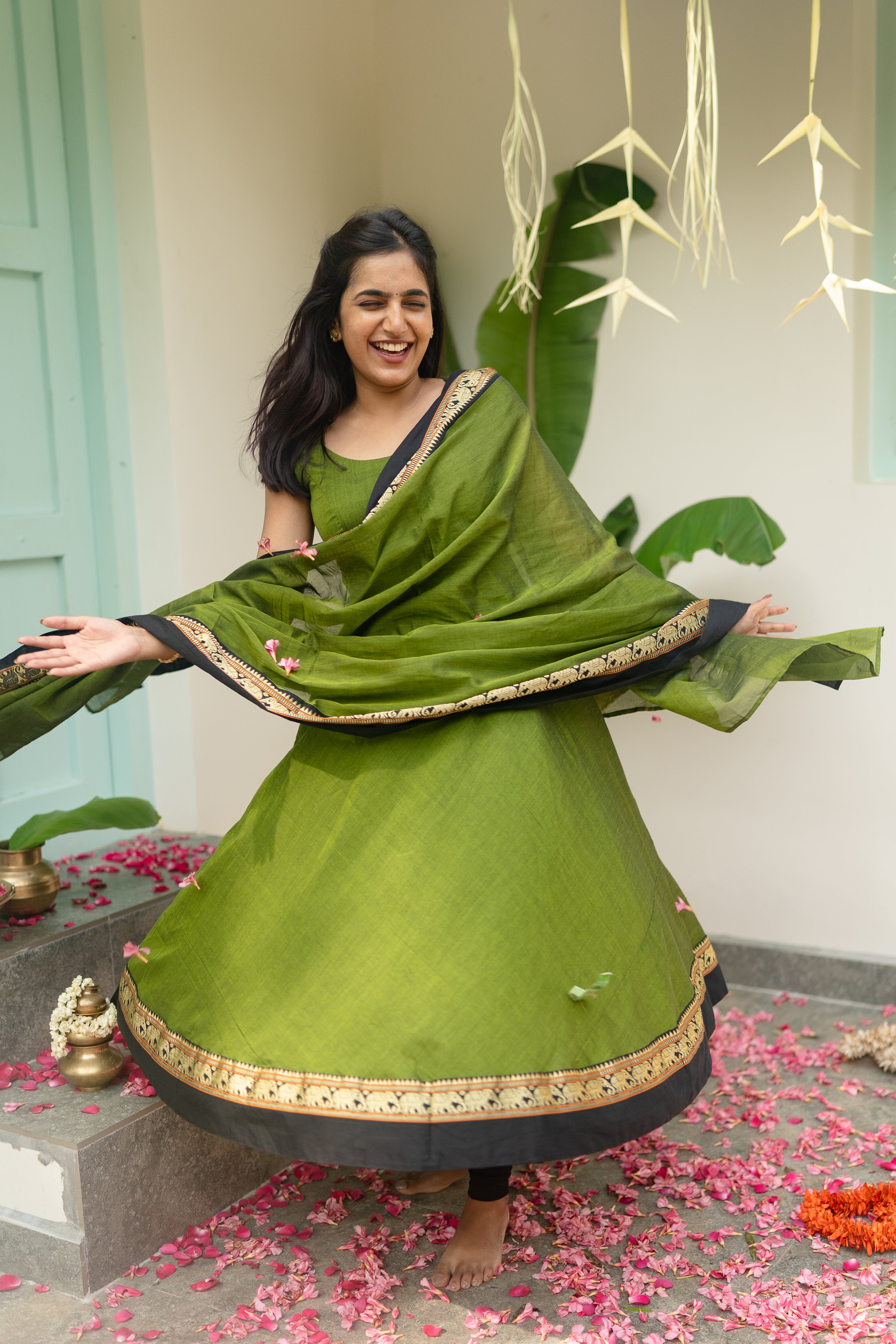 Olive Green Narayanpet Anarkali Top & Dupatta