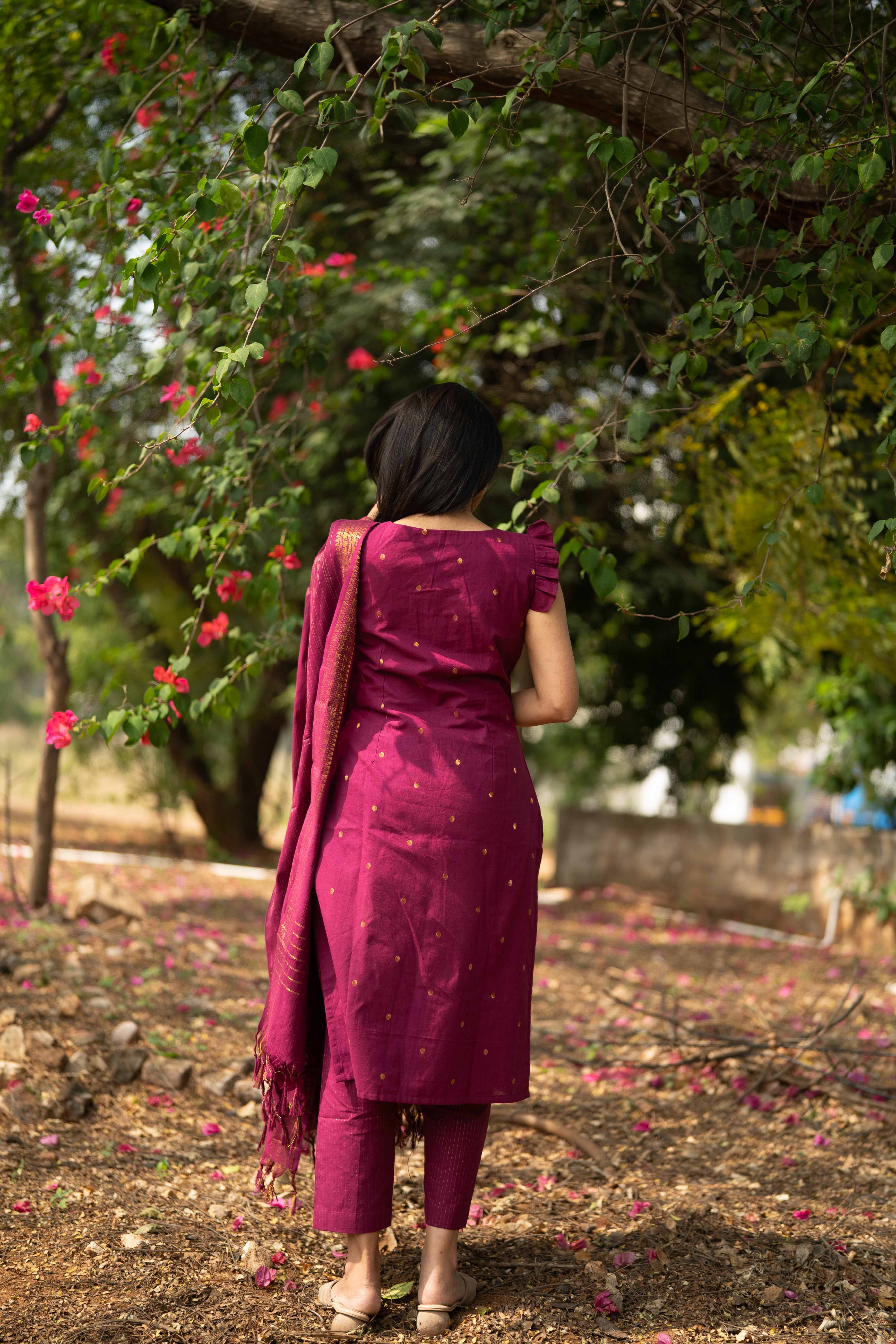 Magenta Cotton Kurta Suit set (Flutter Sleeves)