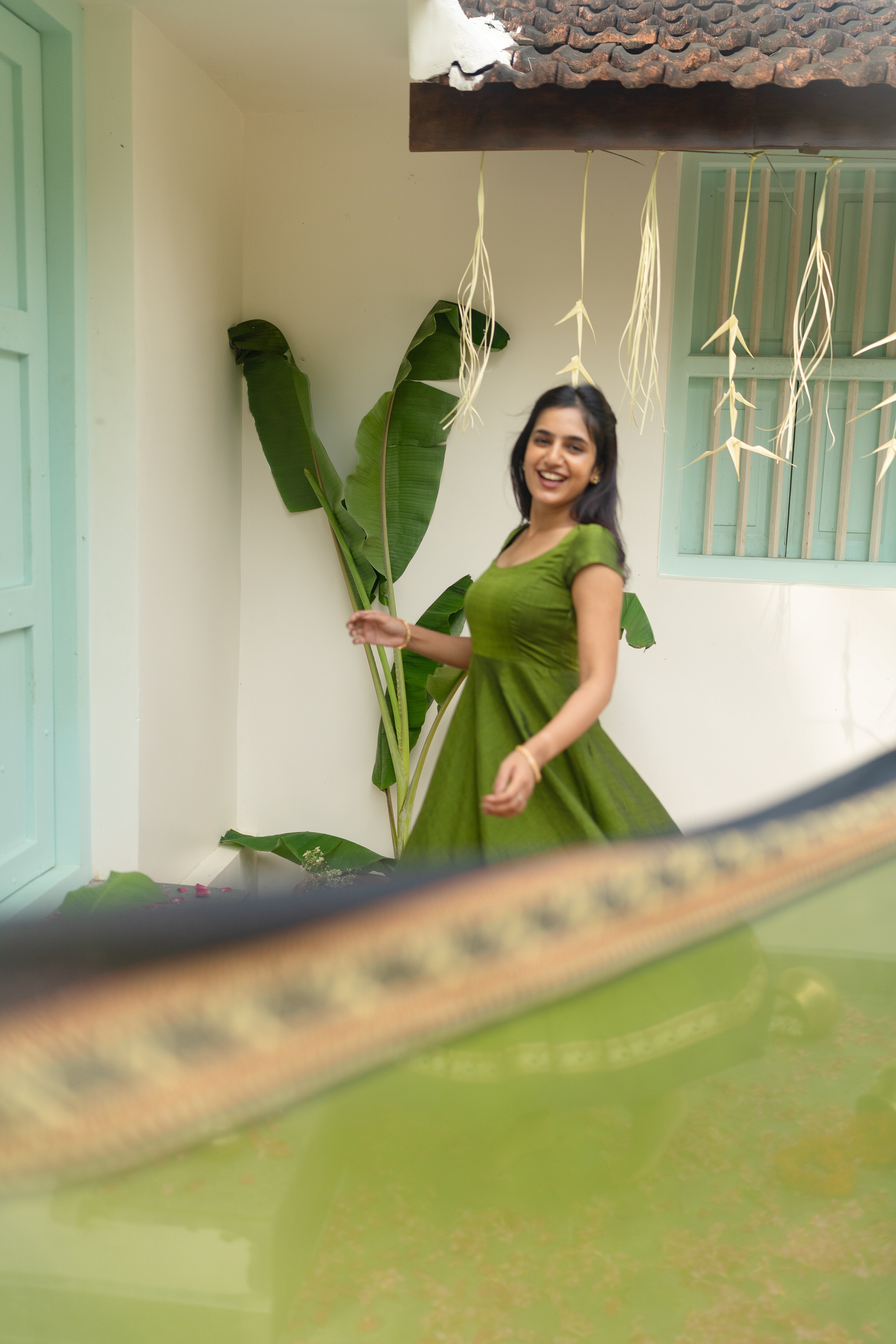 Olive Green Narayanpet Anarkali Top & Dupatta