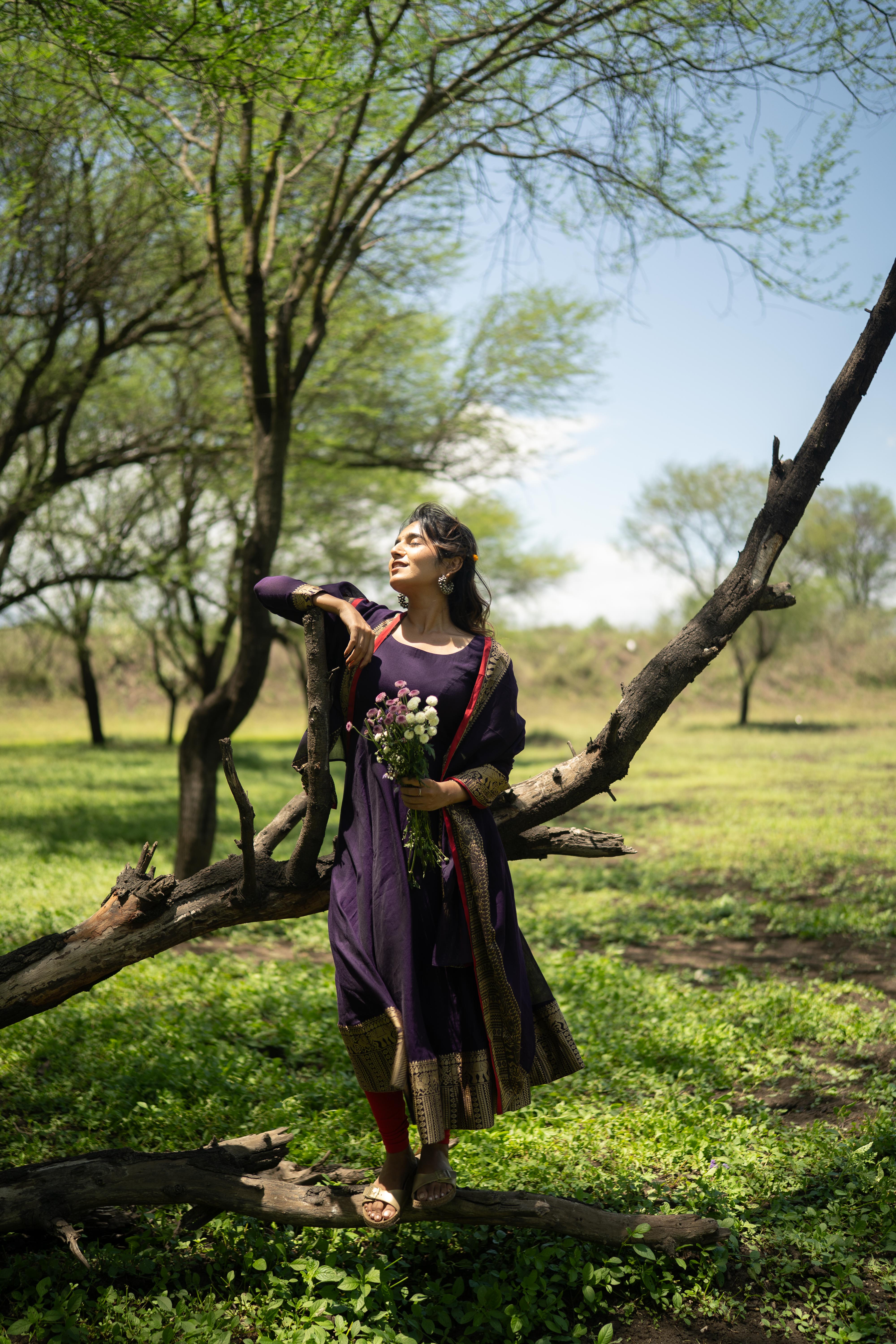 Jamun Purple Malar Anarkali Top & Dupatta