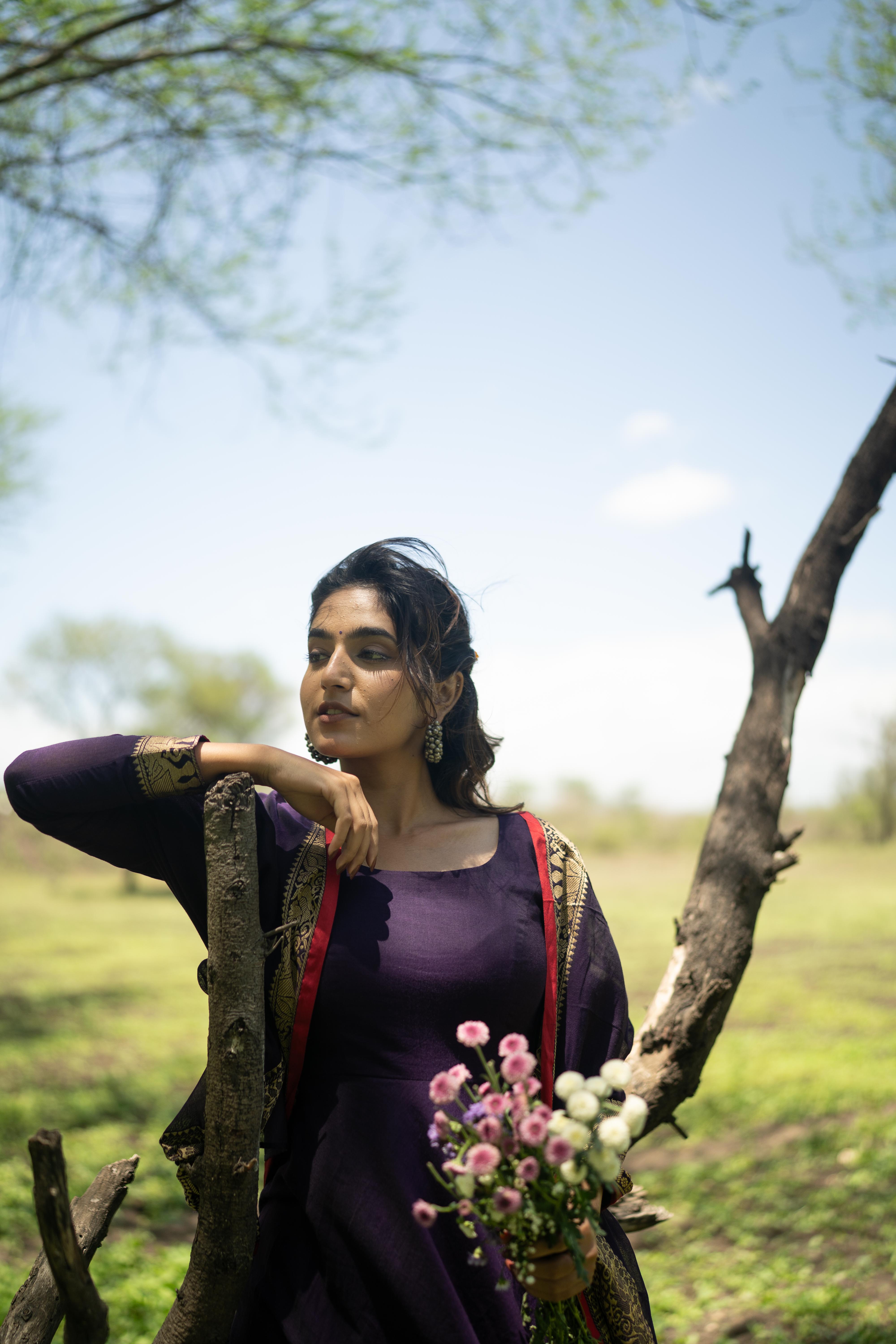 Jamun Purple Malar Anarkali Top & Dupatta