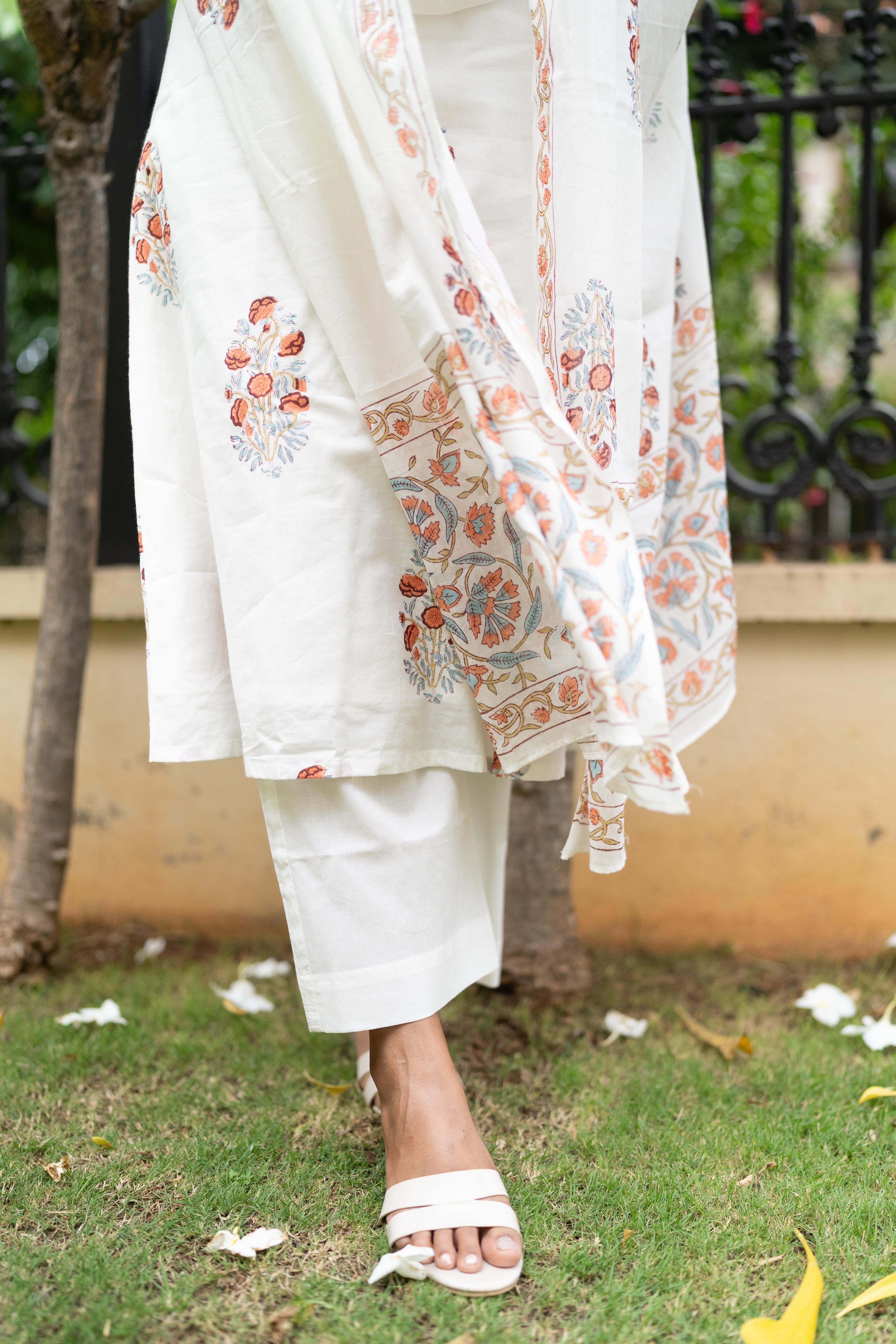 White handblock printed suit set