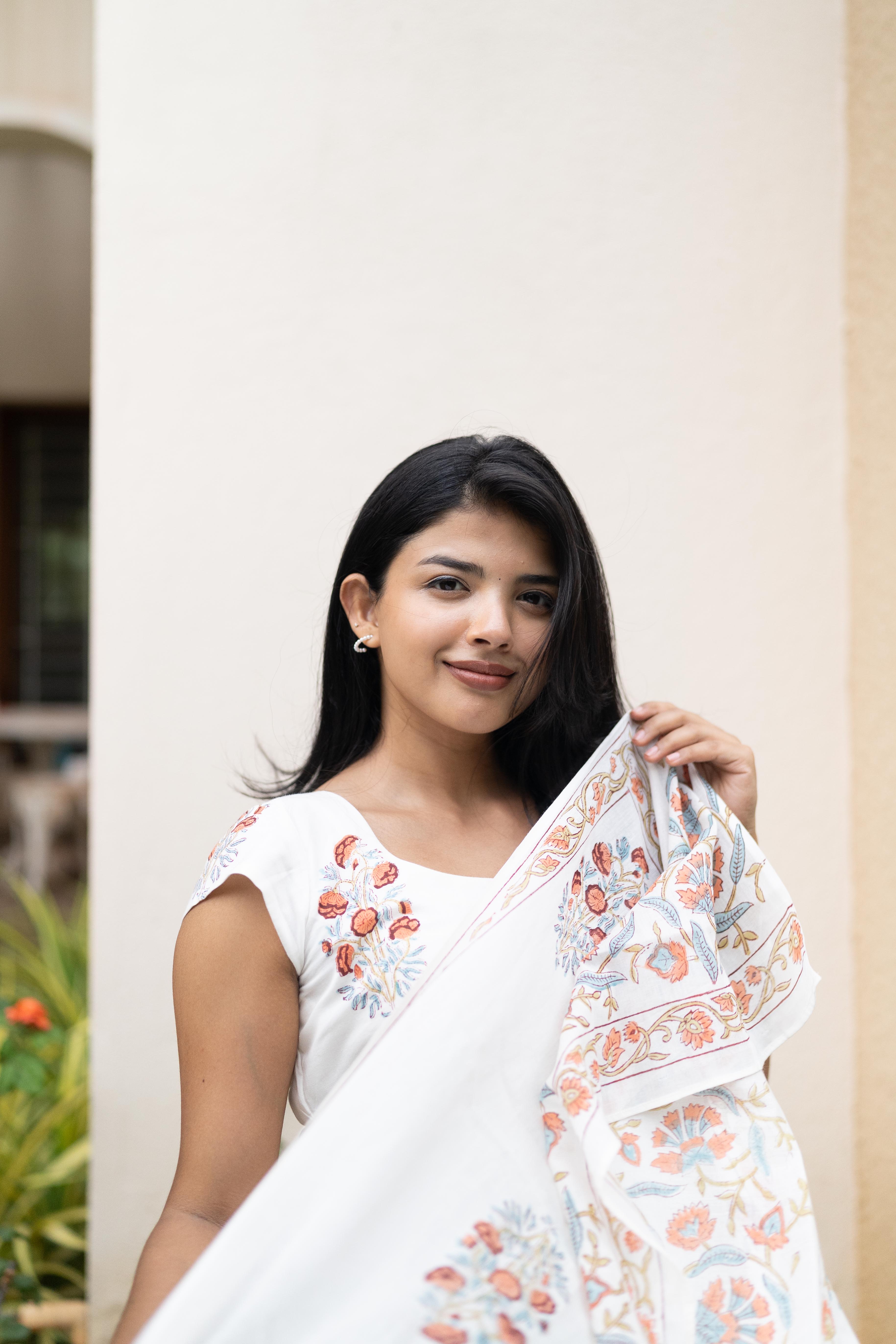 White handblock printed suit set