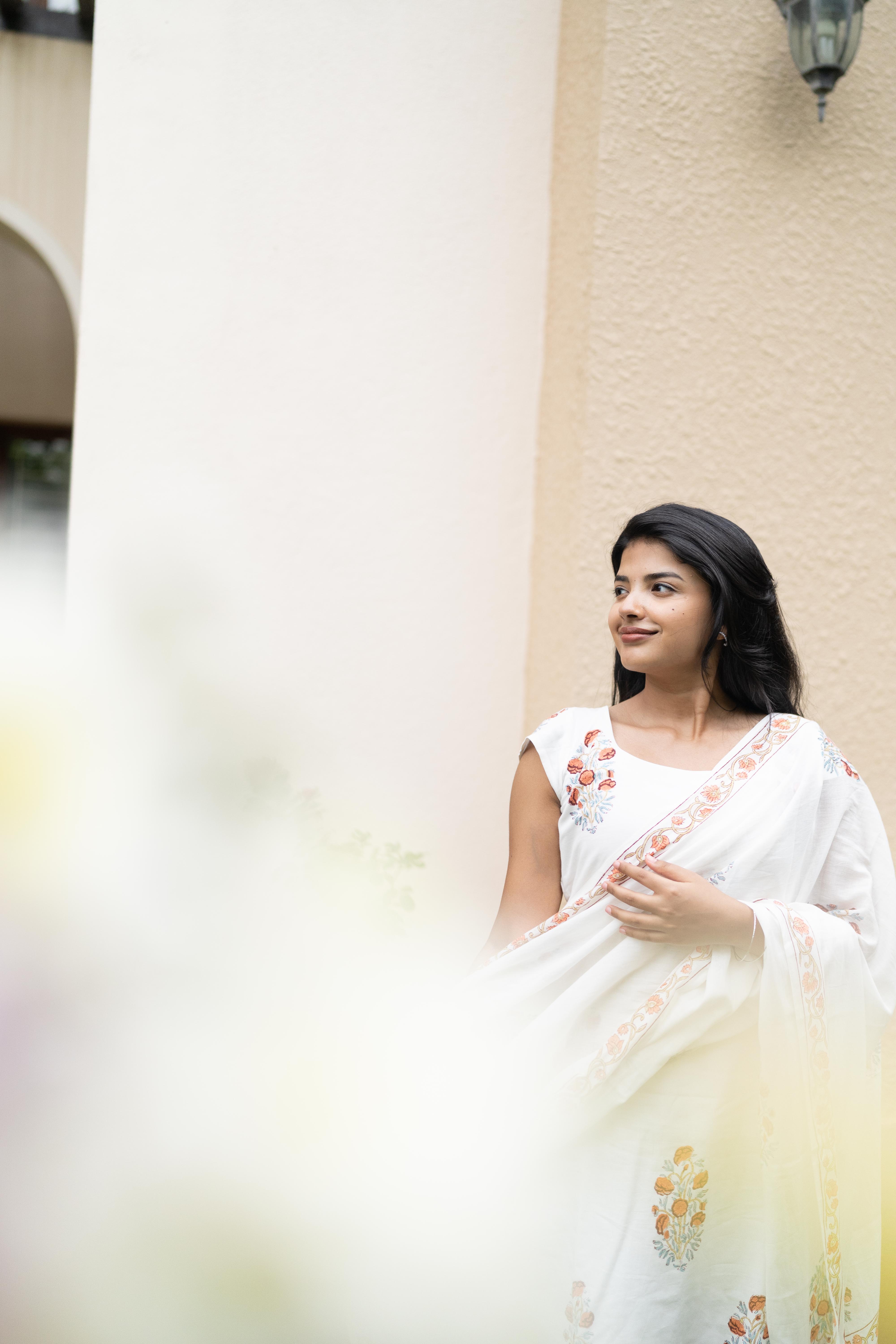 White handblock printed suit set